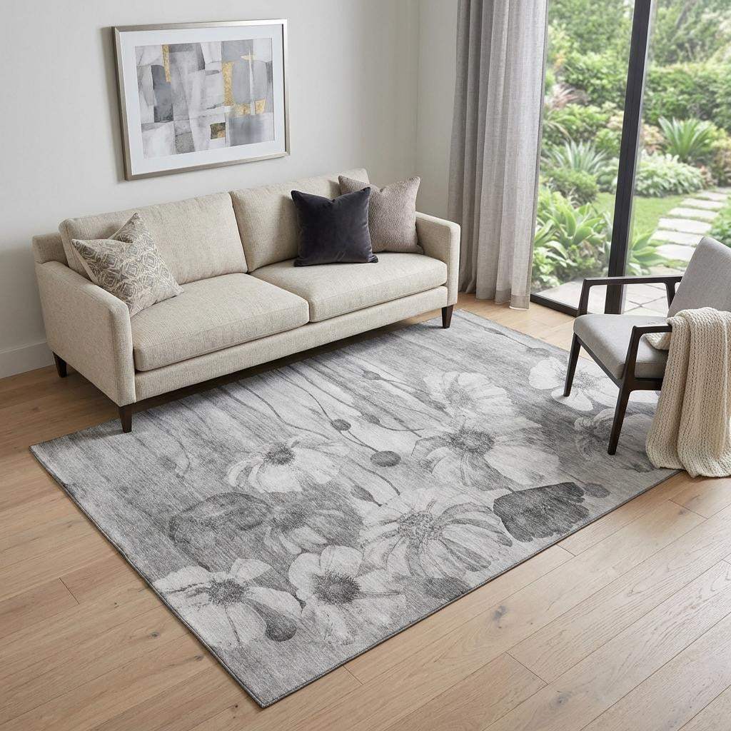 5' X 8' Gray And Silver Floral Washable Area Rug With UV Protection - HomeRoots - Flyclothing LLC
