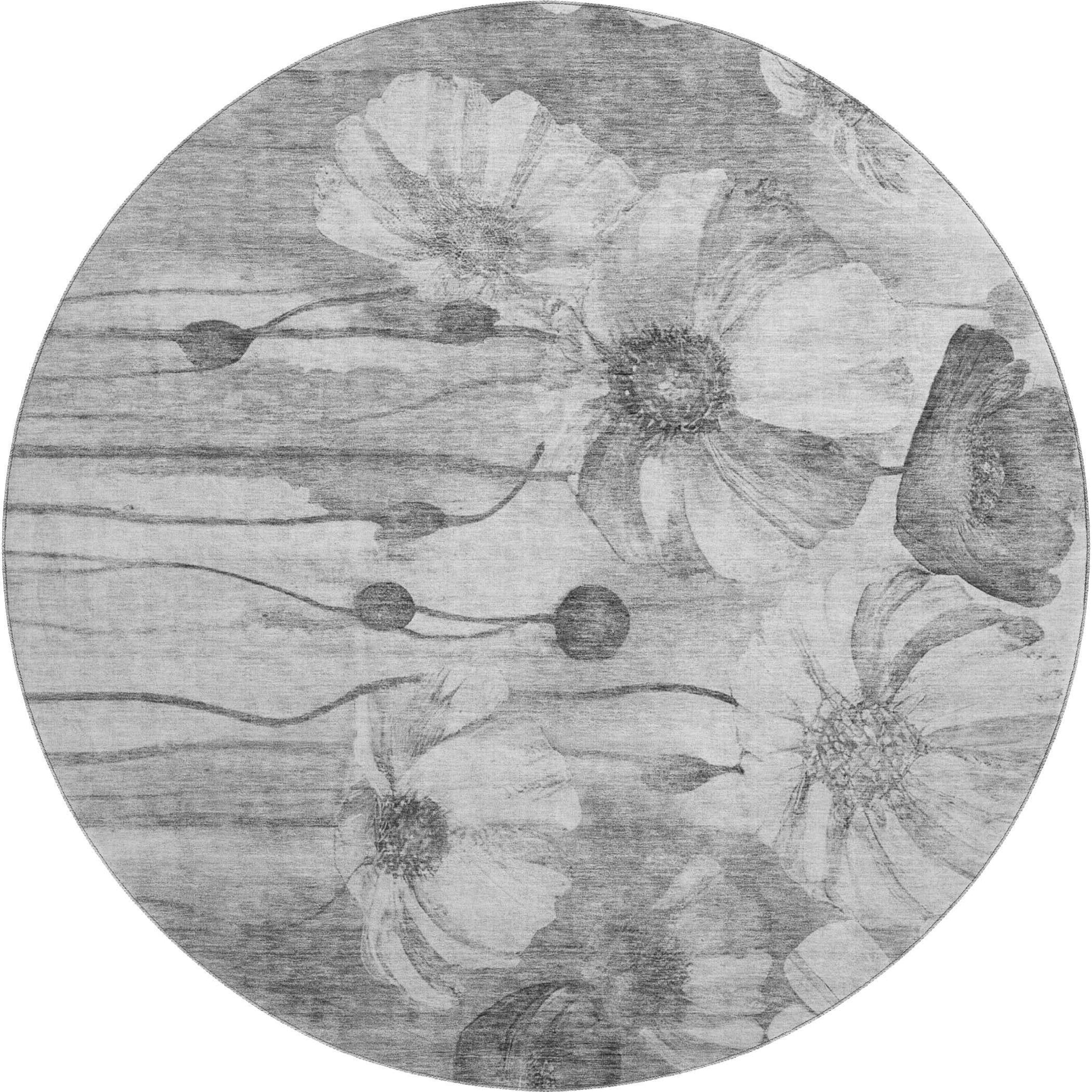 8' Gray And Silver Floral Washable Round Rug With UV Protection - HomeRoots - Flyclothing LLC