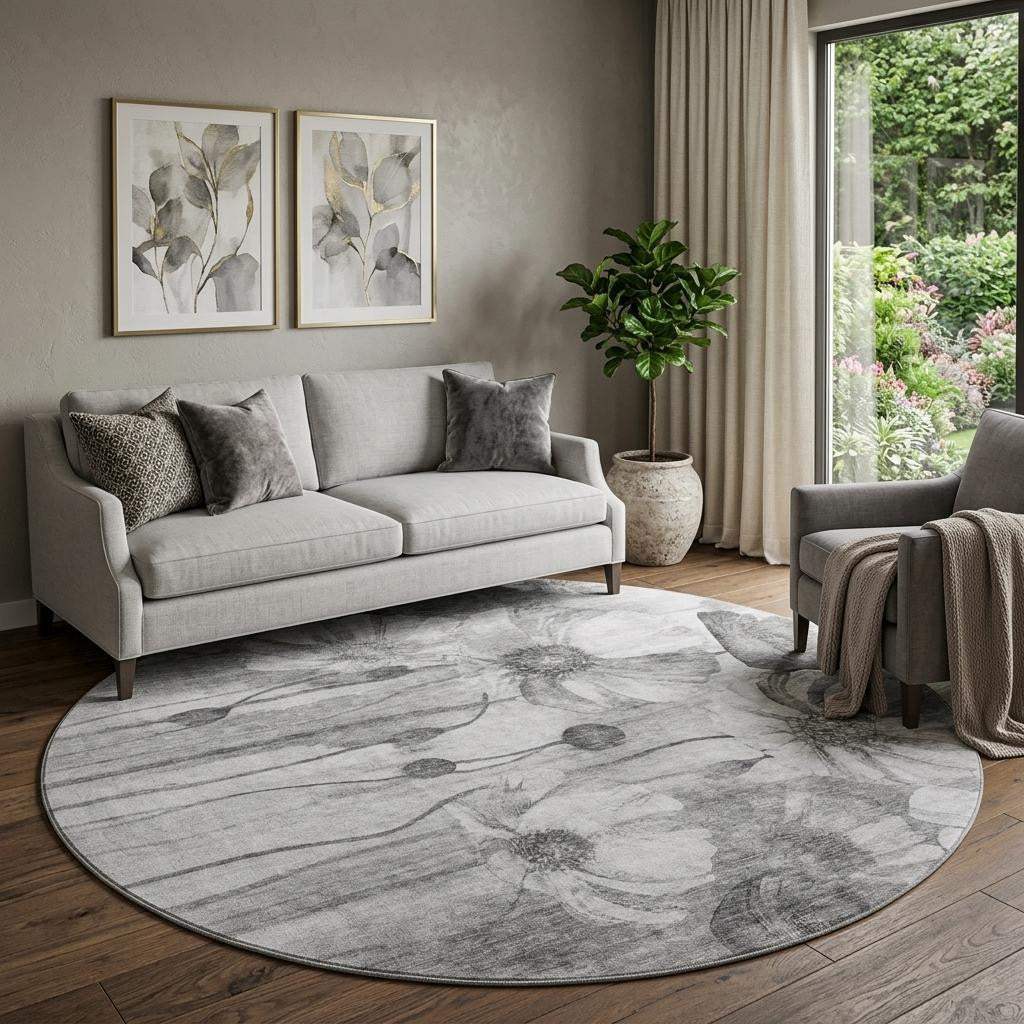 8' Gray And Silver Floral Washable Round Rug With UV Protection - HomeRoots - Flyclothing LLC