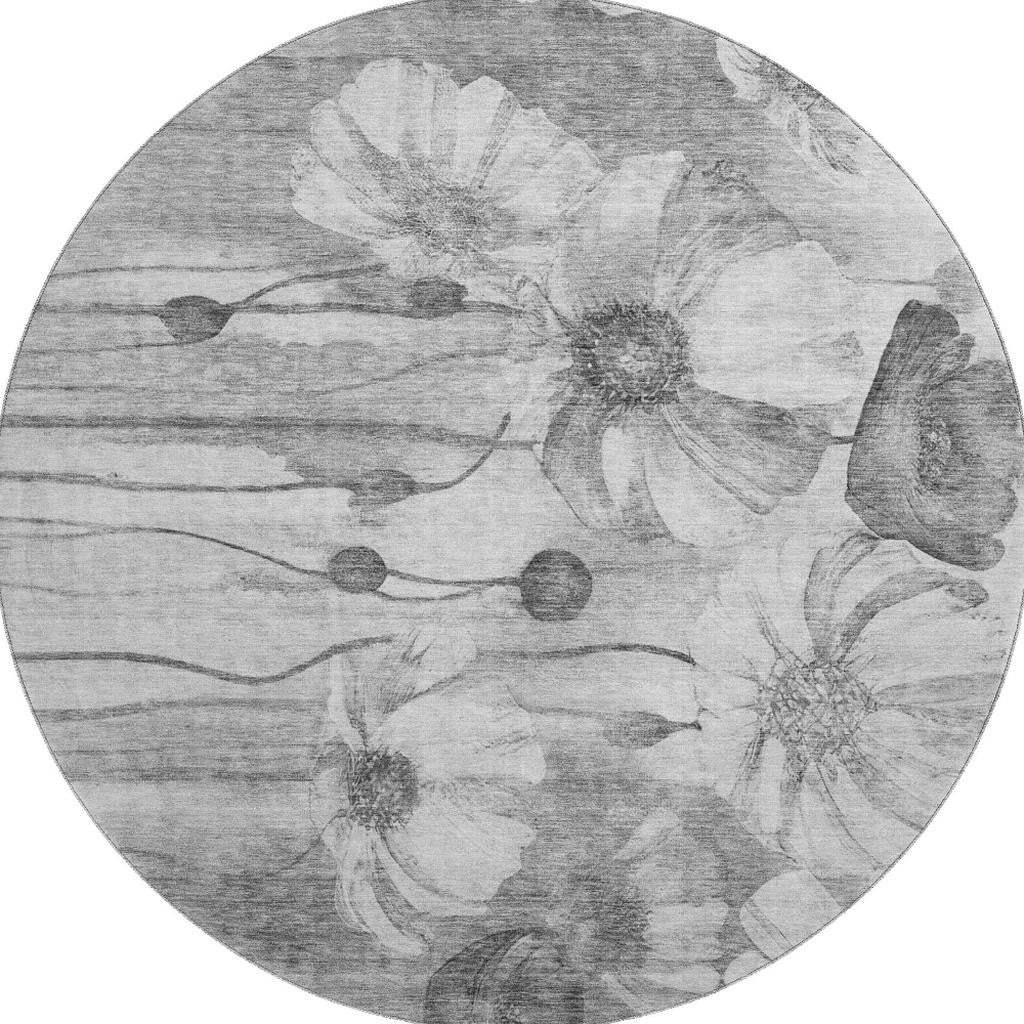 8' Gray And Silver Floral Washable Round Rug With UV Protection - HomeRoots - Flyclothing LLC