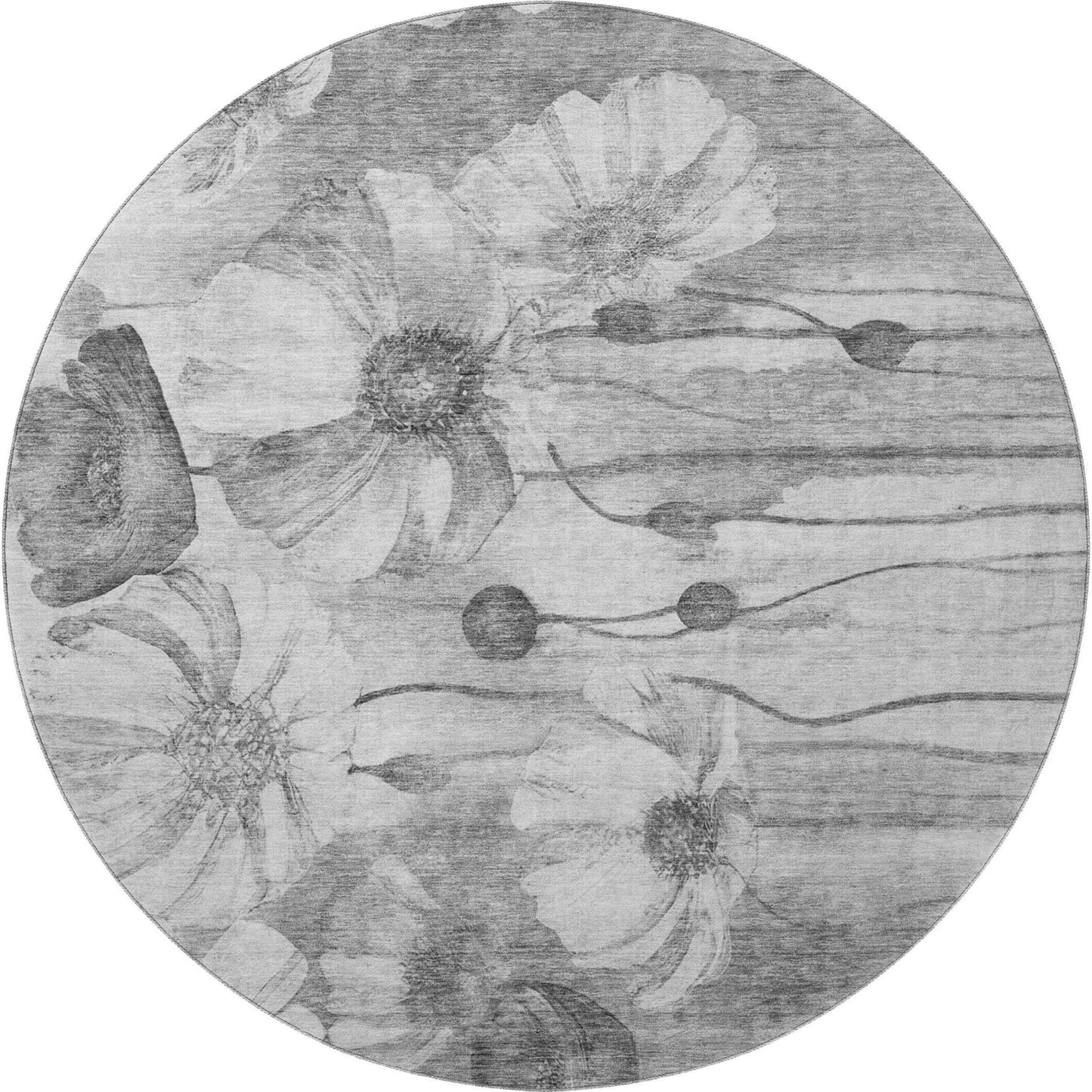 8' Gray And Silver Floral Washable Round Rug With UV Protection - HomeRoots - Flyclothing LLC