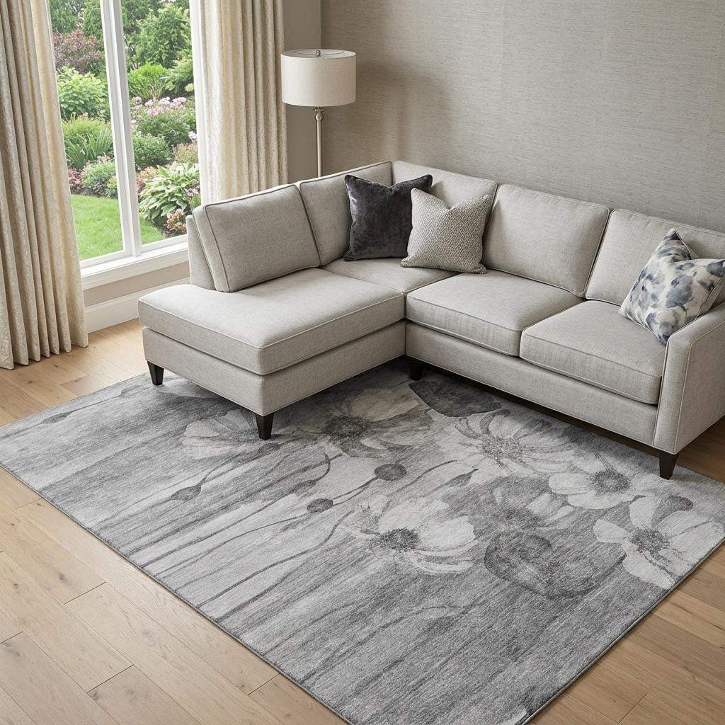 8' X 10' Gray And Silver Floral Washable Area Rug With UV Protection - HomeRoots - Flyclothing LLC