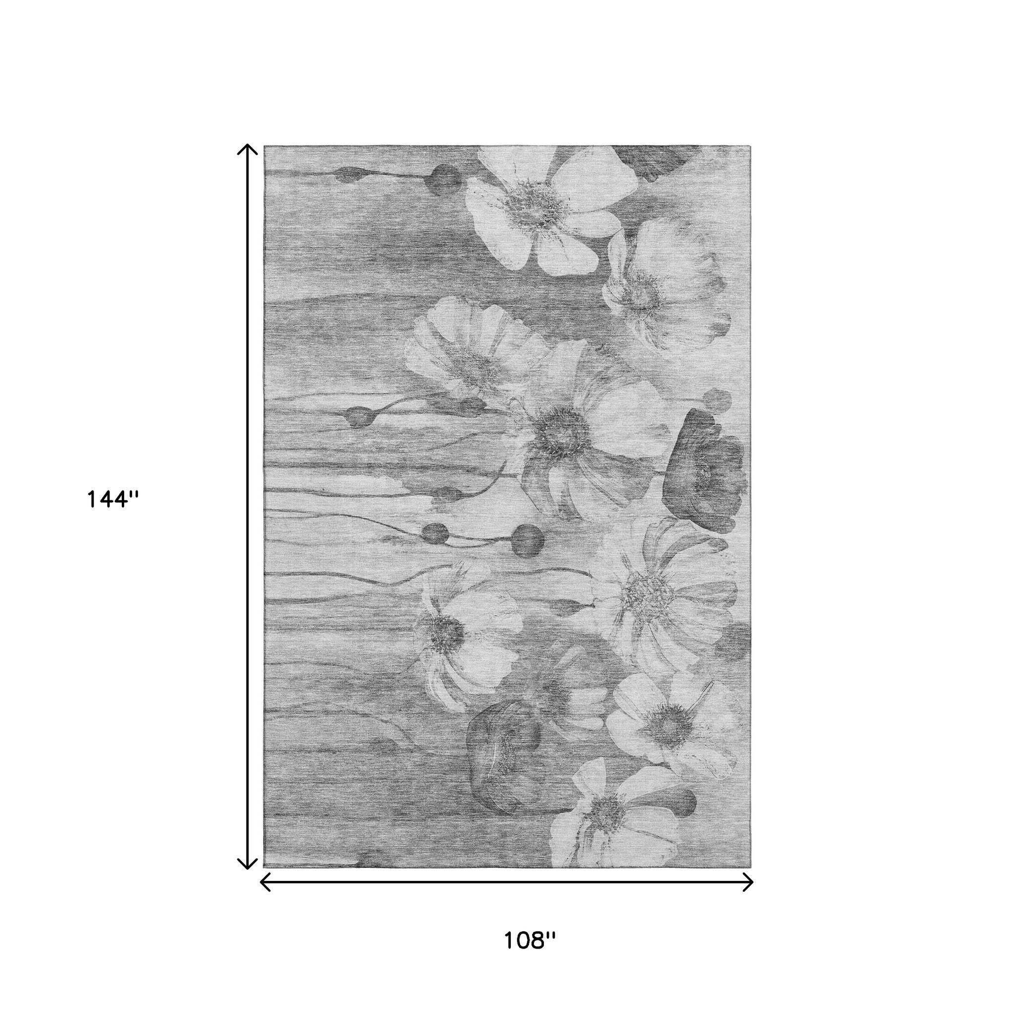 9' X 12' Gray And Silver Floral Washable Area Rug With UV Protection - HomeRoots - Flyclothing LLC