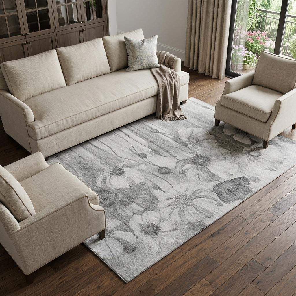9' X 12' Gray And Silver Floral Washable Area Rug With UV Protection - HomeRoots - Flyclothing LLC