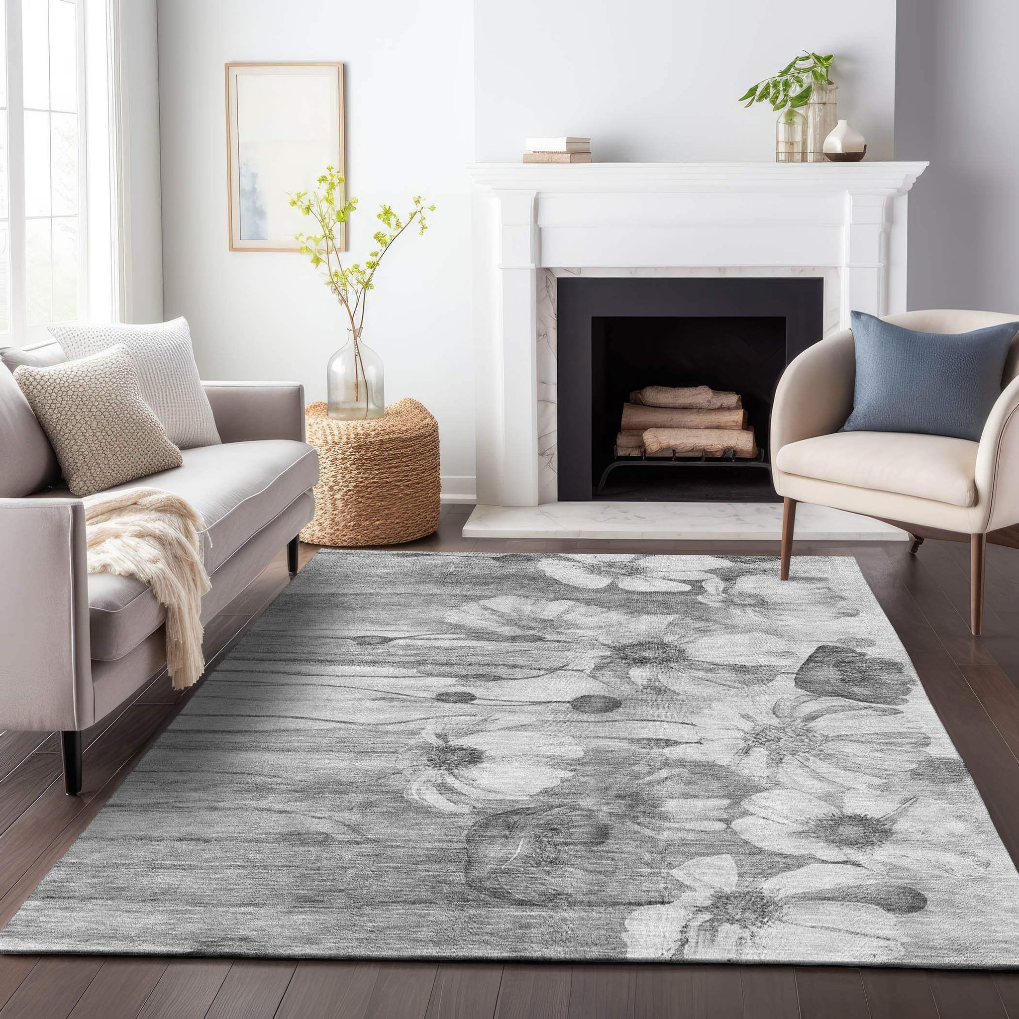 10' X 14' Gray And Silver Floral Washable Area Rug With UV Protection - HomeRoots - Flyclothing LLC