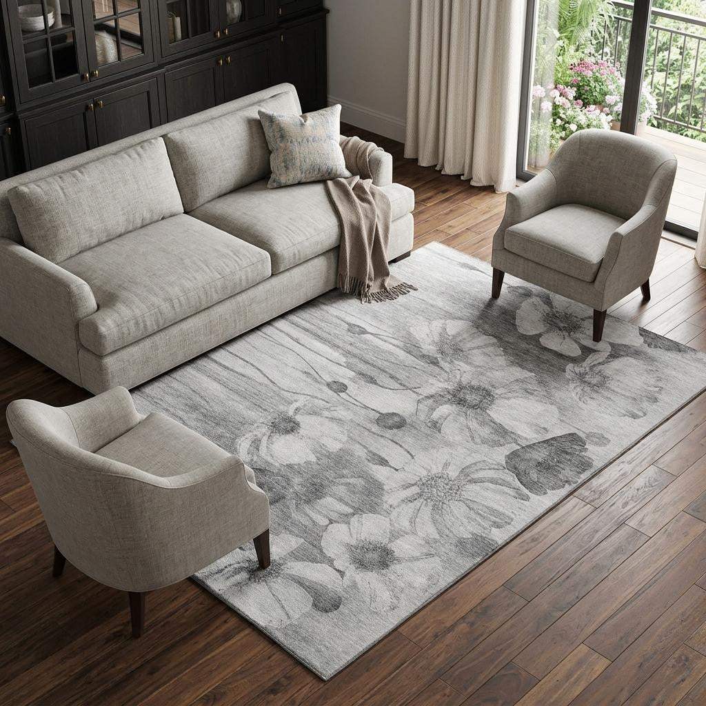 10' X 14' Gray And Silver Floral Washable Area Rug With UV Protection - HomeRoots - Flyclothing LLC