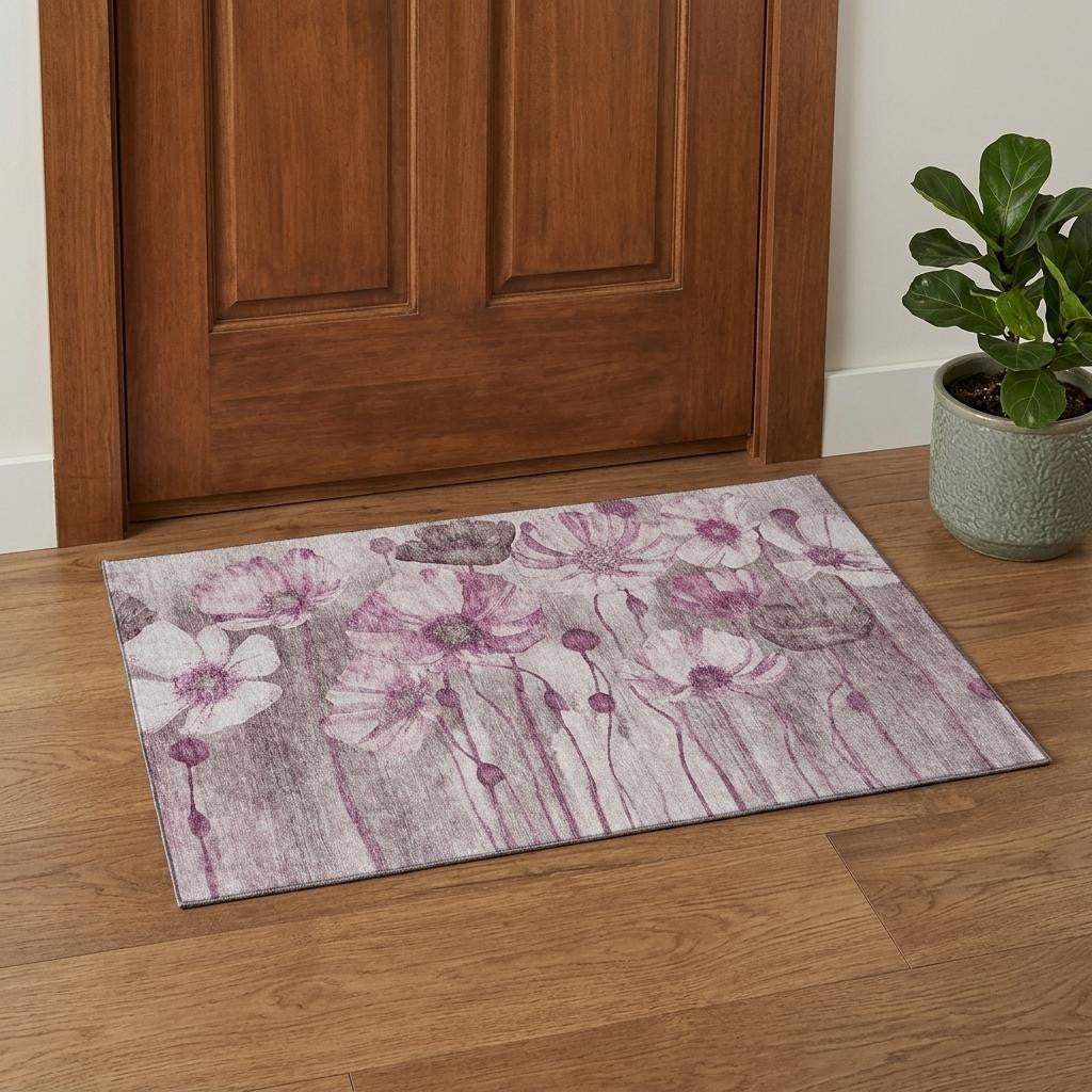 3' X 5' Plum And Ivory Floral Washable Area Rug With UV Protection - HomeRoots - Flyclothing LLC
