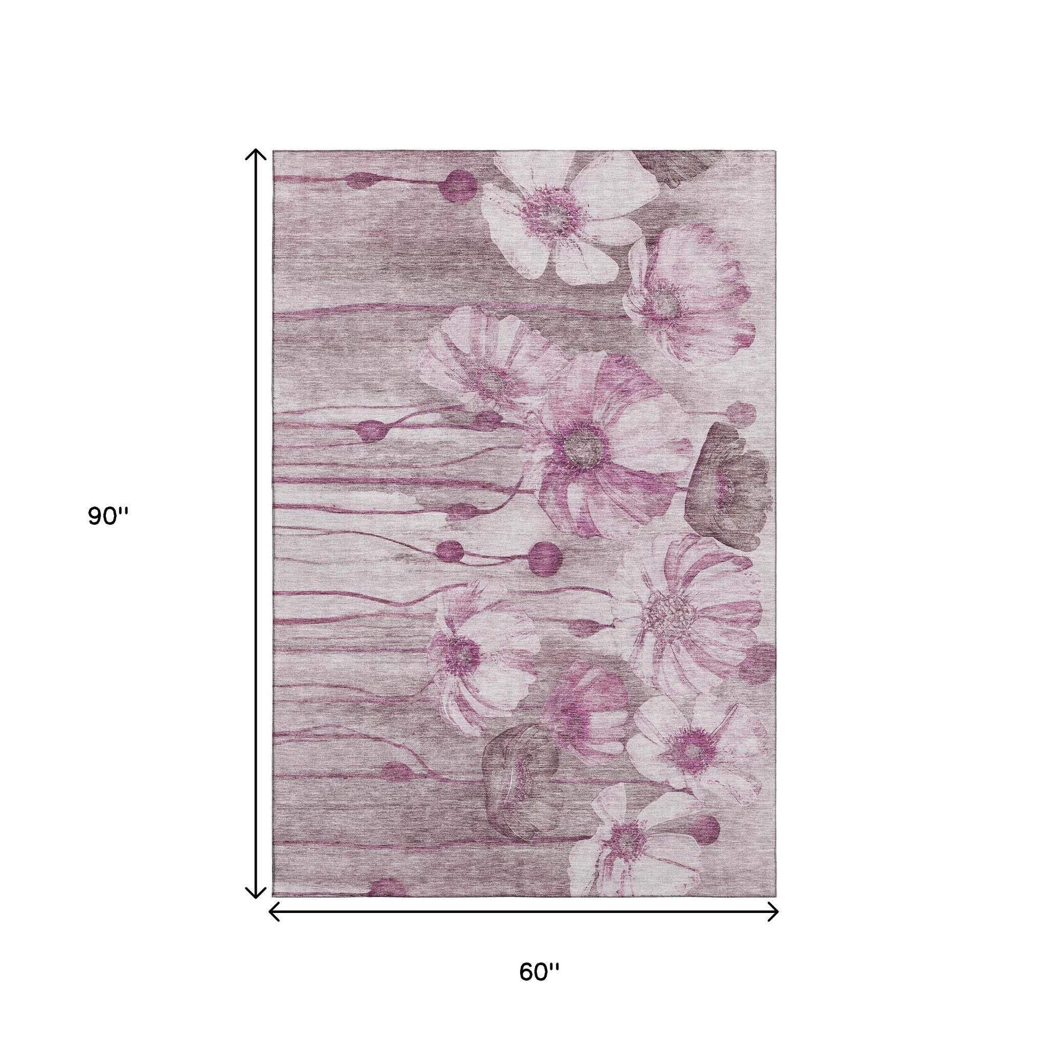 5' X 8' Plum And Ivory Floral Washable Area Rug With UV Protection - HomeRoots - Flyclothing LLC