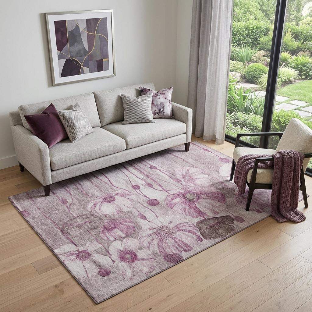 5' X 8' Plum And Ivory Floral Washable Area Rug With UV Protection - HomeRoots - Flyclothing LLC