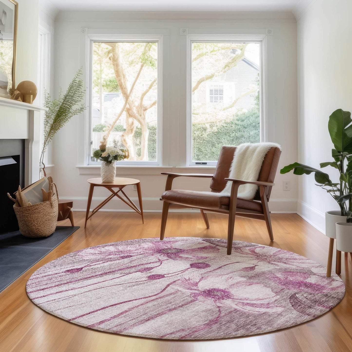 8' Plum And Ivory Floral Washable Round Rug With UV Protection - HomeRoots - Flyclothing LLC