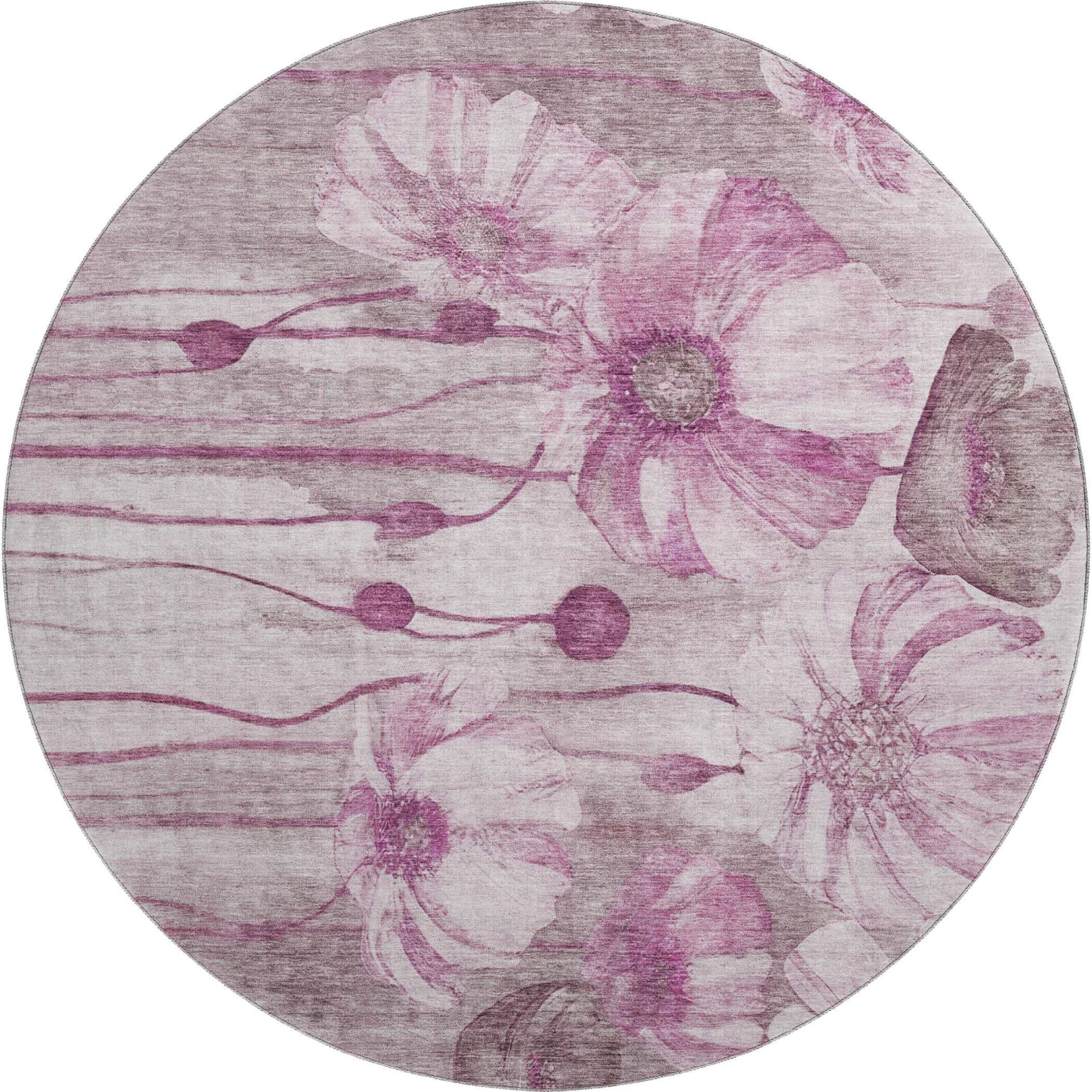 8' Plum And Ivory Floral Washable Round Rug With UV Protection - HomeRoots - Flyclothing LLC