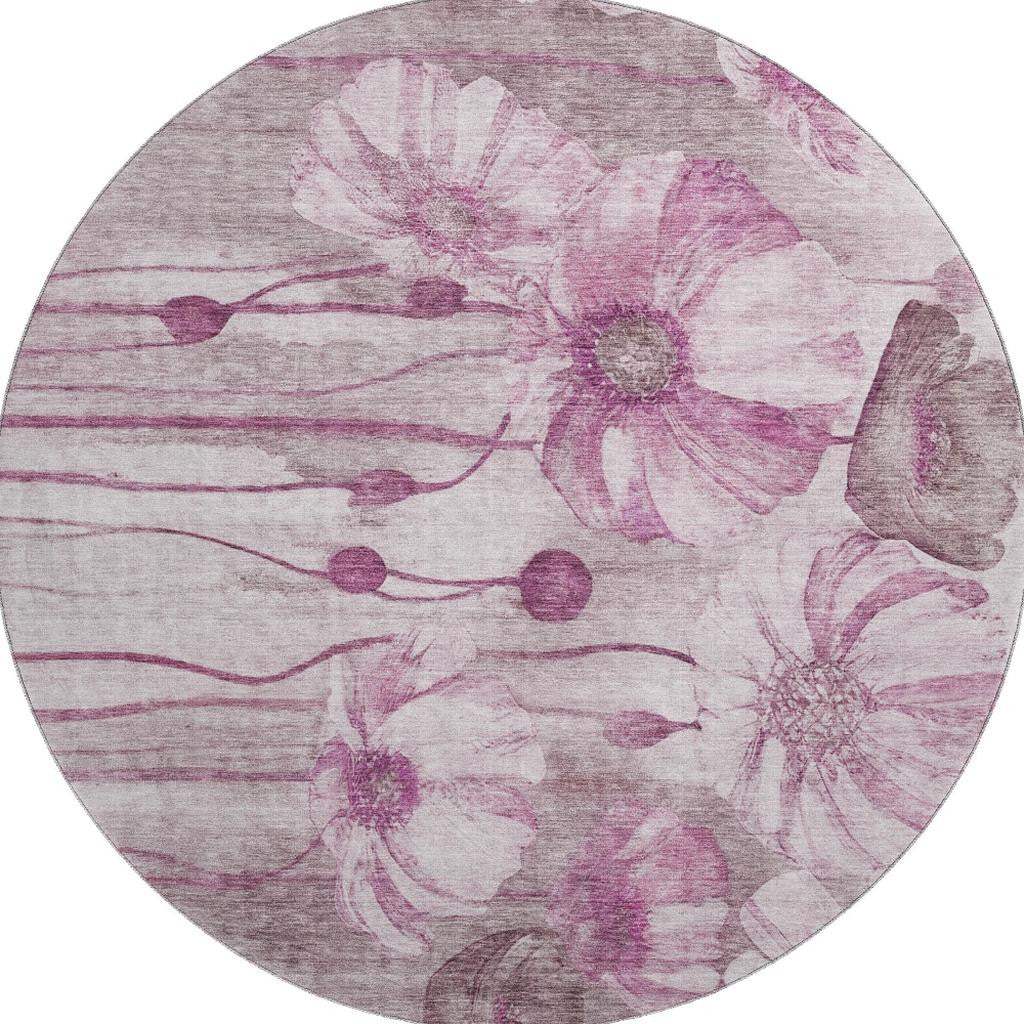 8' Plum And Ivory Floral Washable Round Rug With UV Protection - HomeRoots - Flyclothing LLC