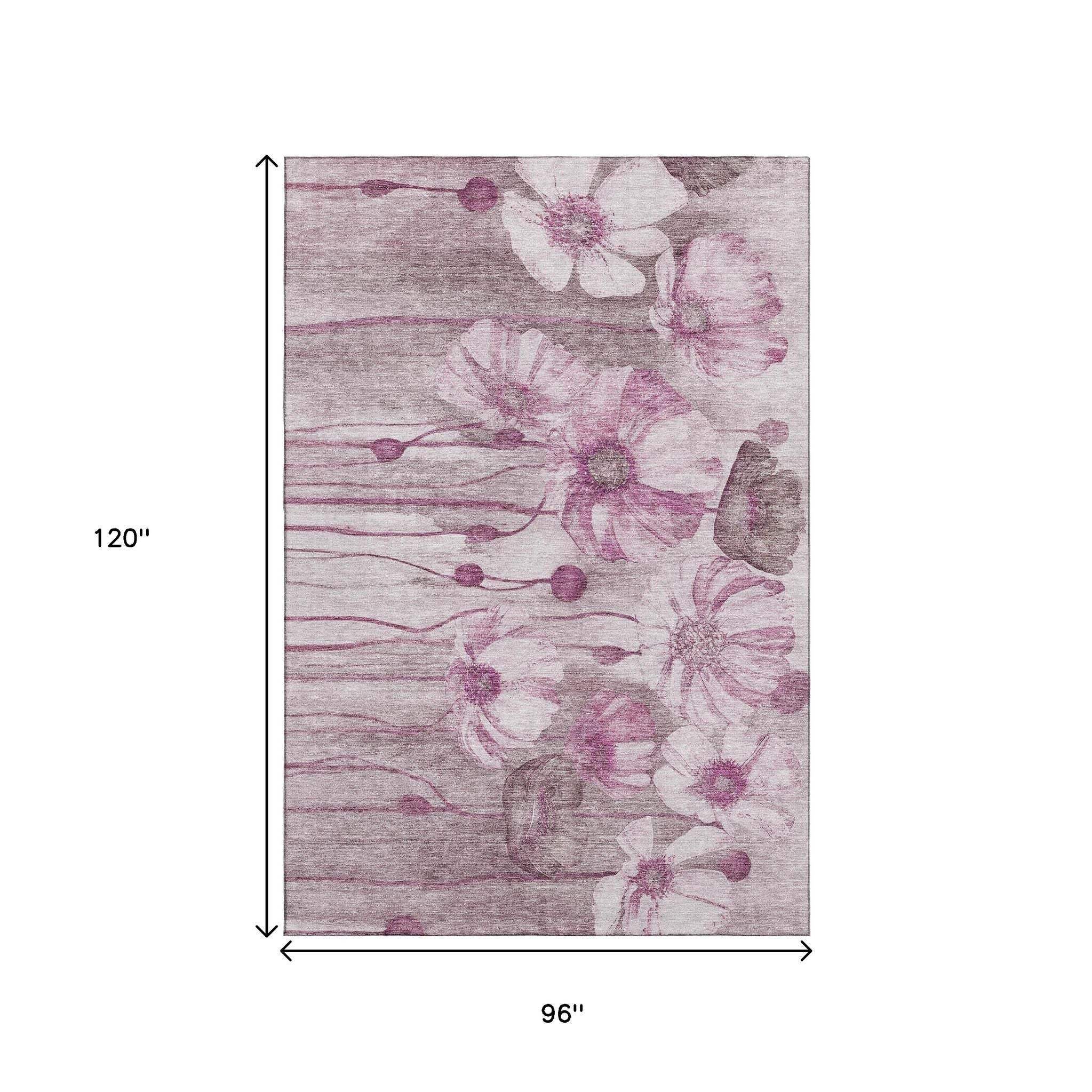 8' X 10' Plum And Ivory Floral Washable Area Rug With UV Protection - HomeRoots - Flyclothing LLC