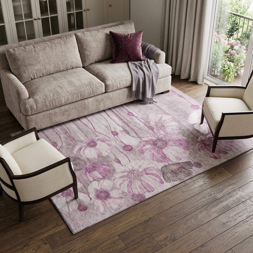 8' X 10' Plum And Ivory Floral Washable Area Rug With UV Protection - HomeRoots - Flyclothing LLC
