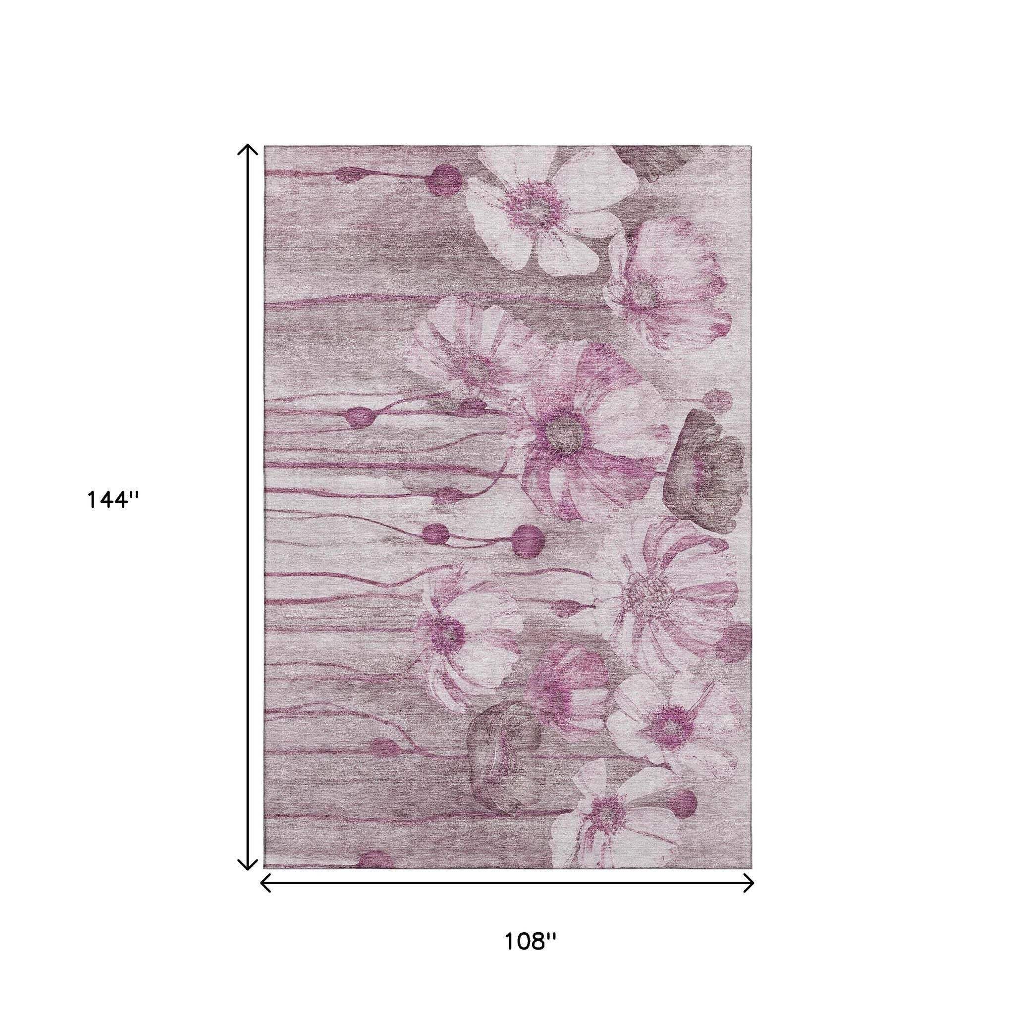 9' X 12' Plum And Ivory Floral Washable Area Rug With UV Protection - HomeRoots - Flyclothing LLC
