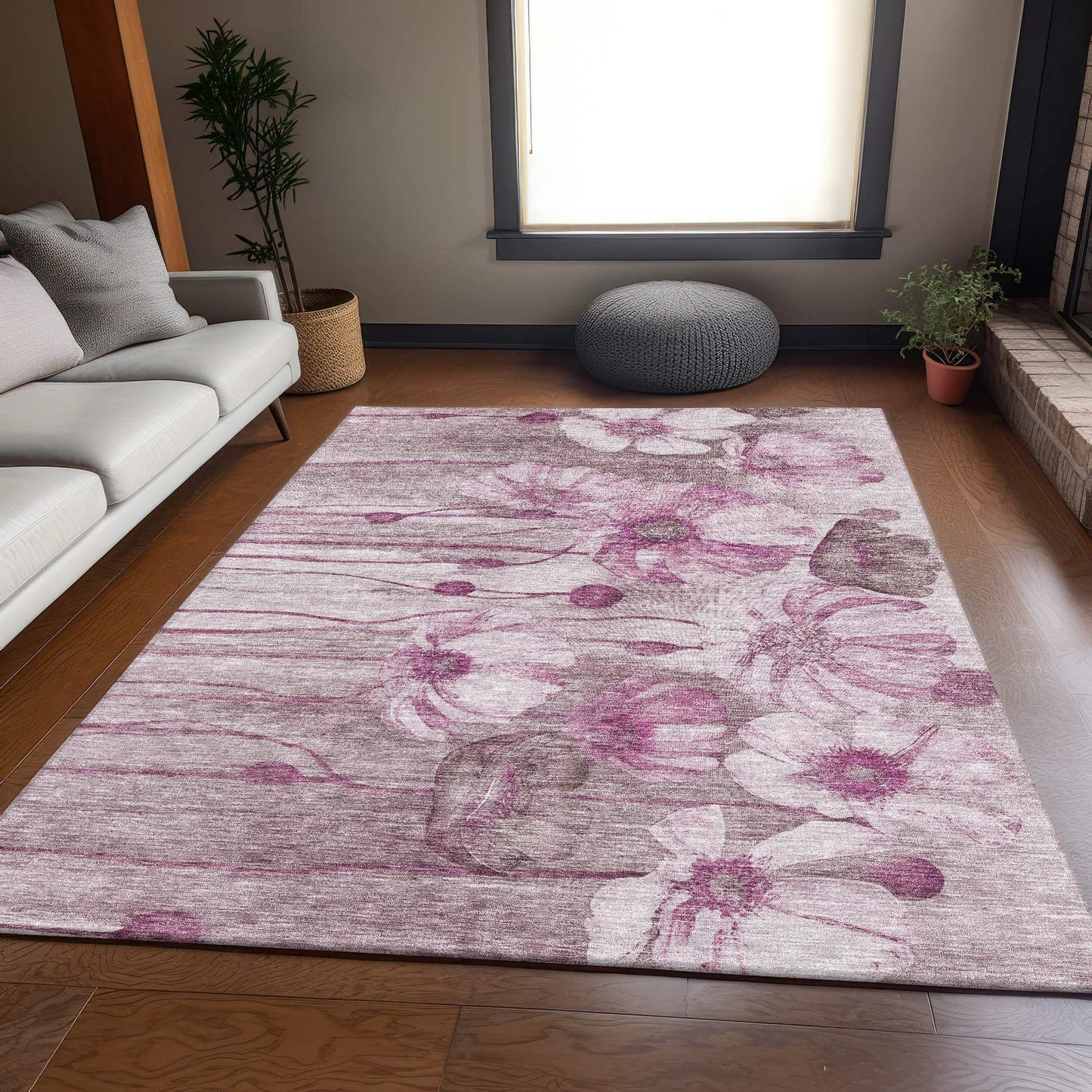 10' X 14' Plum And Ivory Floral Washable Area Rug With UV Protection - HomeRoots - Flyclothing LLC