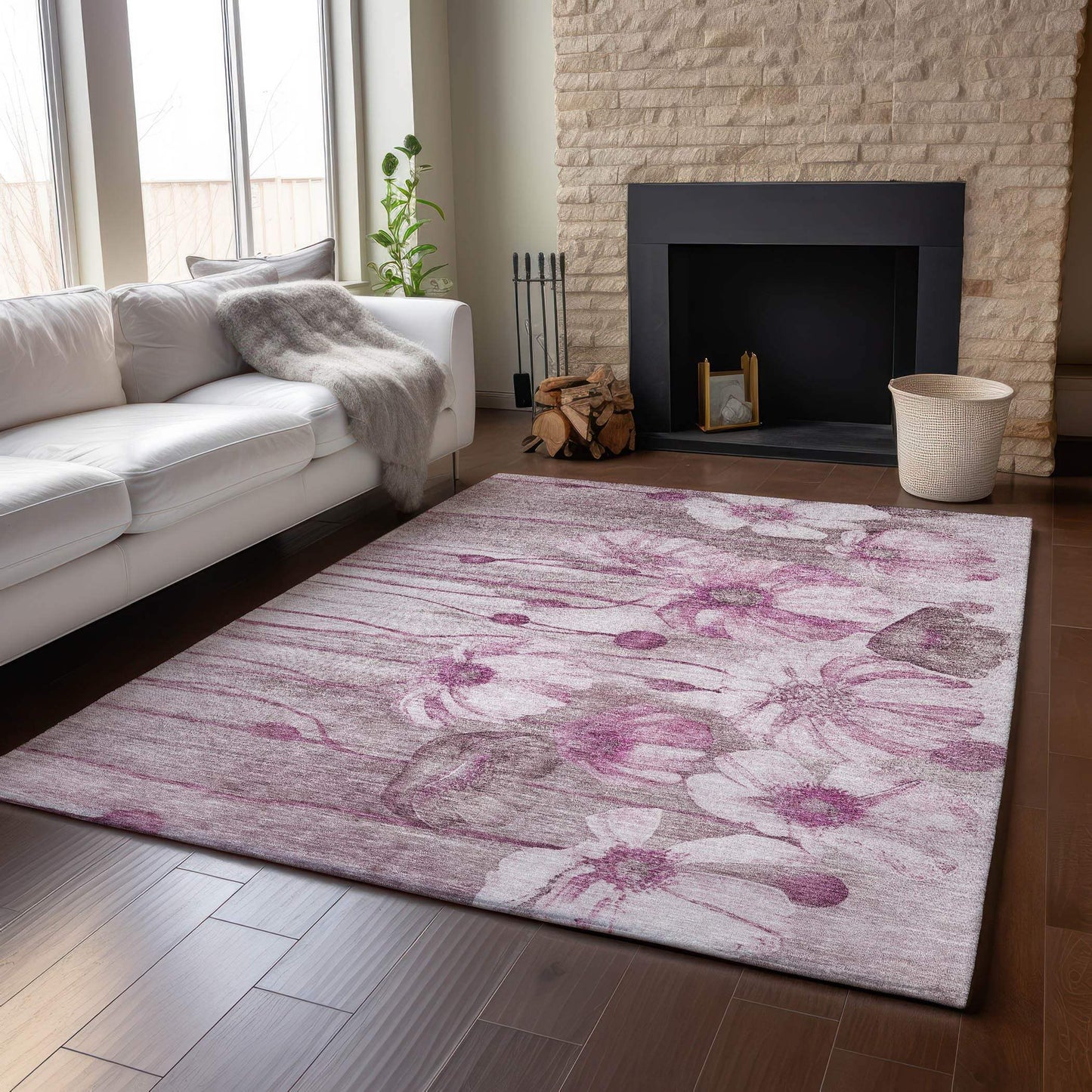 10' X 14' Plum And Ivory Floral Washable Area Rug With UV Protection - HomeRoots - Flyclothing LLC