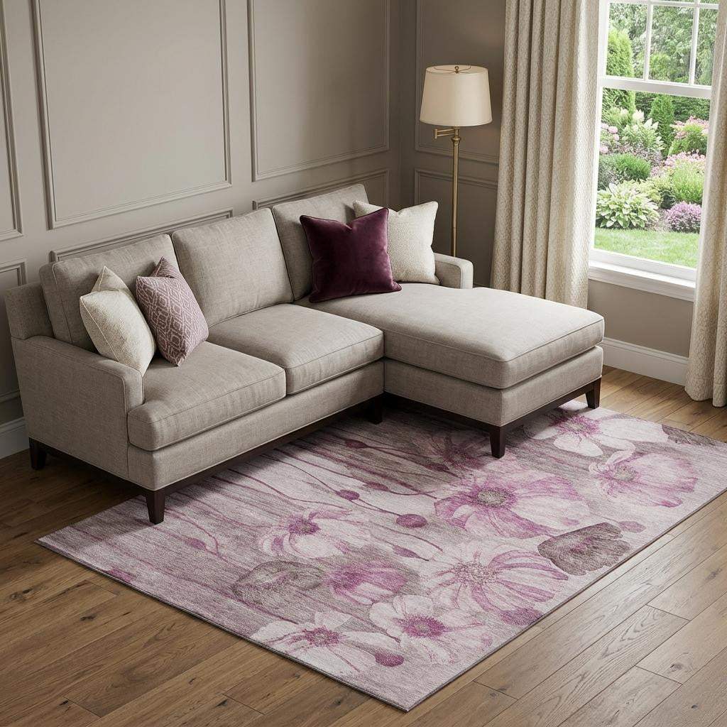 10' X 14' Plum And Ivory Floral Washable Area Rug With UV Protection - HomeRoots - Flyclothing LLC