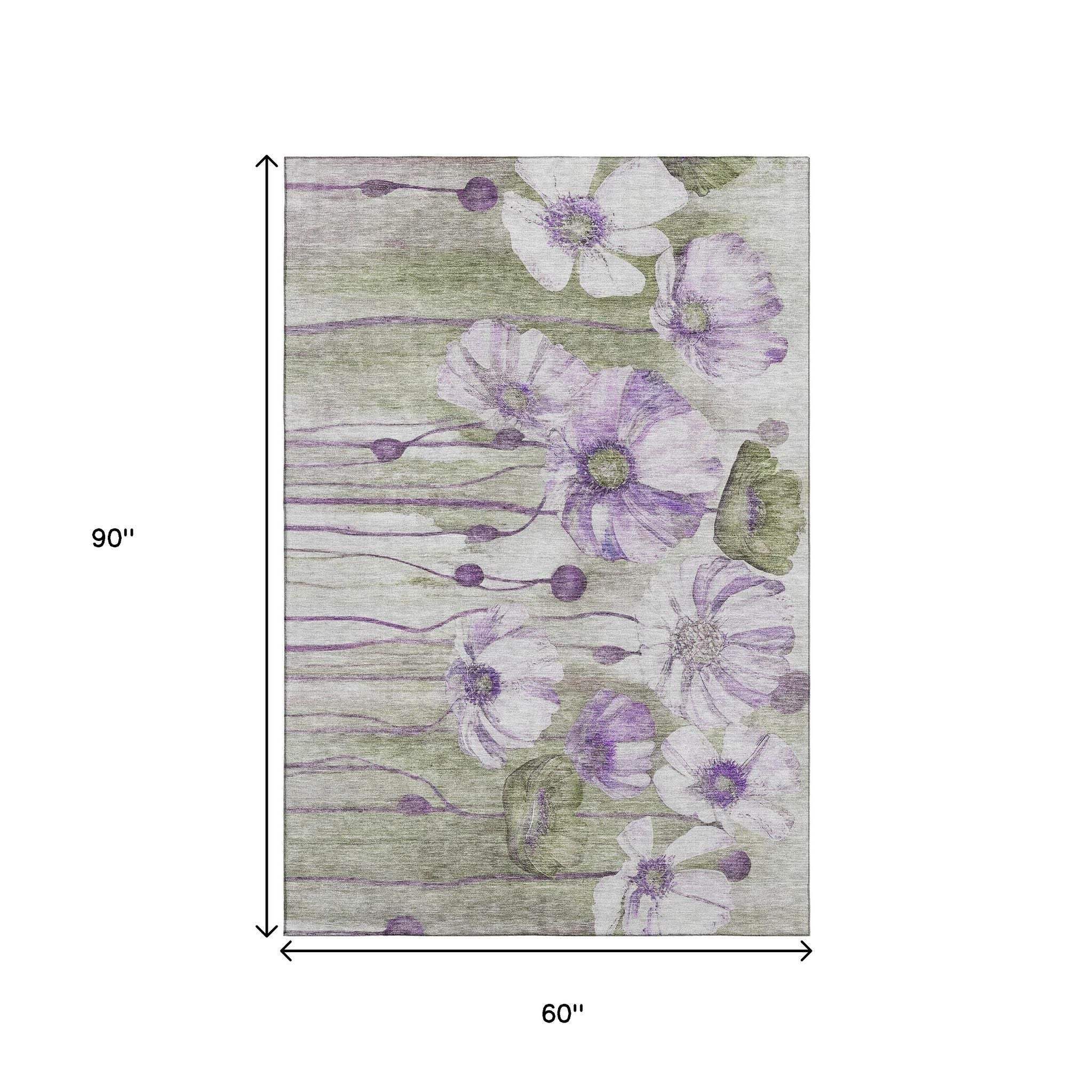 5' X 8' Purple Green And Ivory Floral Washable Area Rug With UV Protection - HomeRoots - Flyclothing LLC