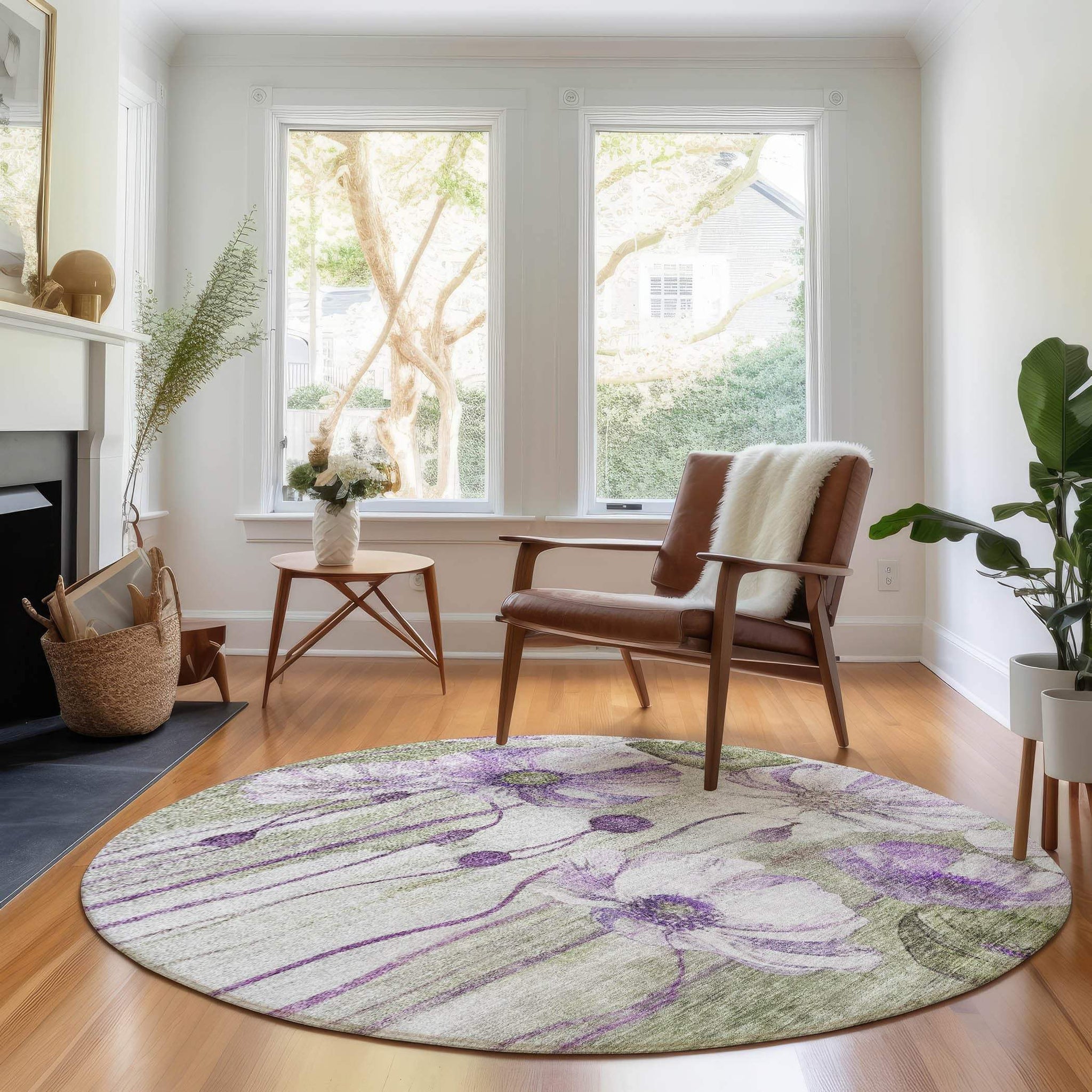8' Purple Green And Ivory Floral Washable Round Rug With UV Protection - HomeRoots - Flyclothing LLC