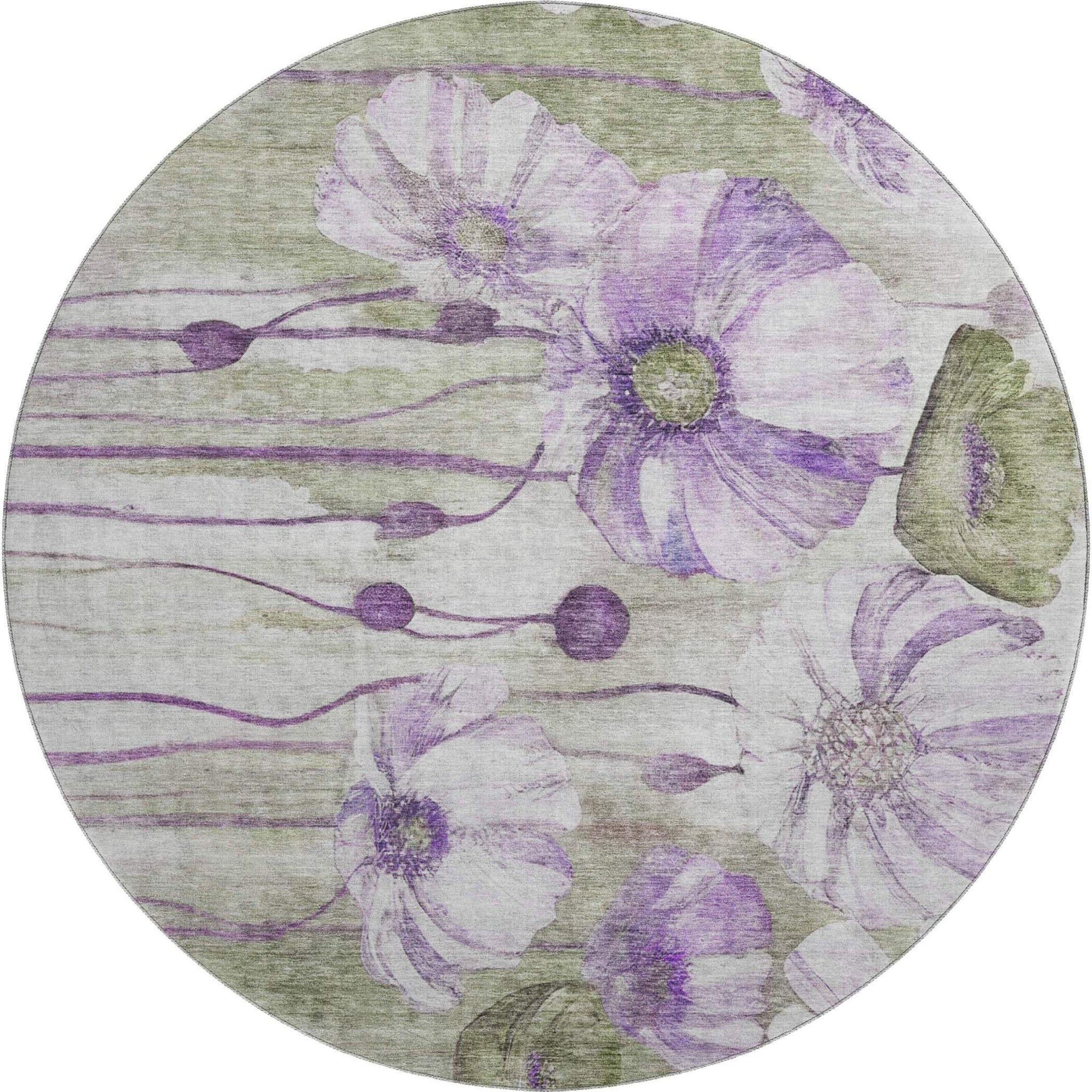 8' Purple Green And Ivory Floral Washable Round Rug With UV Protection - HomeRoots - Flyclothing LLC