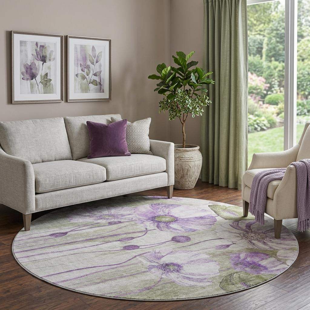 8' Purple Green And Ivory Floral Washable Round Rug With UV Protection - HomeRoots - Flyclothing LLC