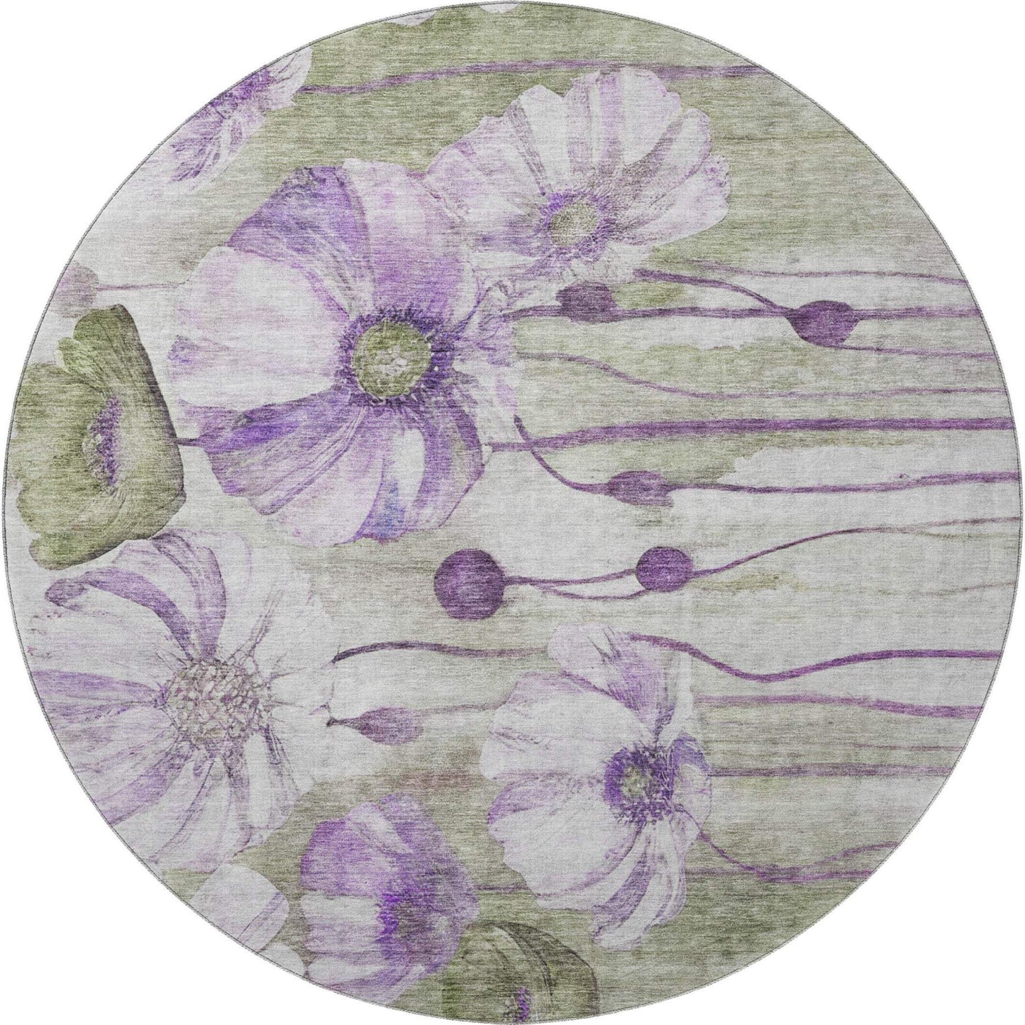 8' Purple Green And Ivory Floral Washable Round Rug With UV Protection - HomeRoots - Flyclothing LLC