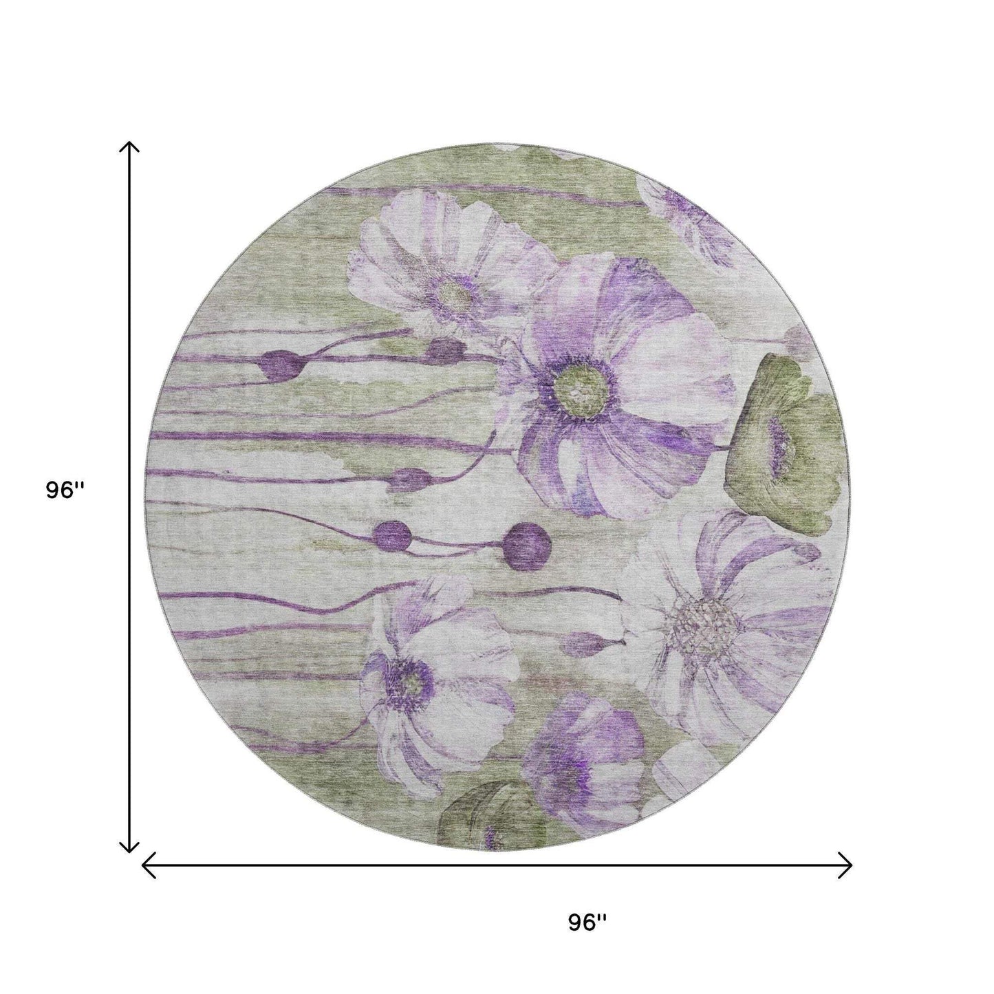 8' Purple Green And Ivory Floral Washable Round Rug With UV Protection - HomeRoots - Flyclothing LLC