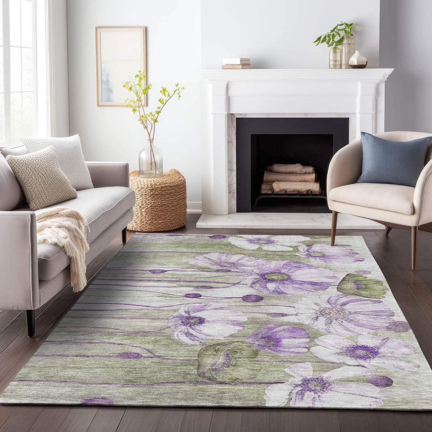 8' X 10' Purple Green And Ivory Floral Washable Area Rug With UV Protection - HomeRoots - Flyclothing LLC
