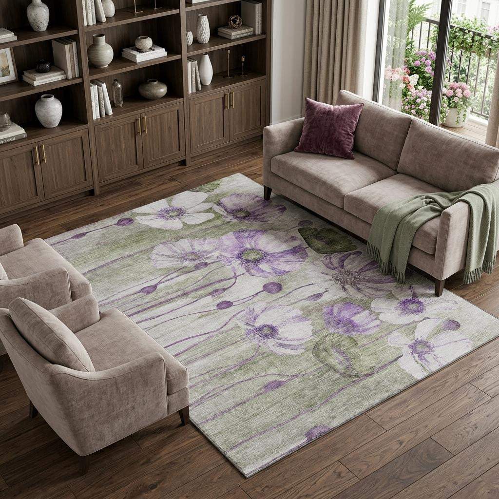 8' X 10' Purple Green And Ivory Floral Washable Area Rug With UV Protection - HomeRoots - Flyclothing LLC