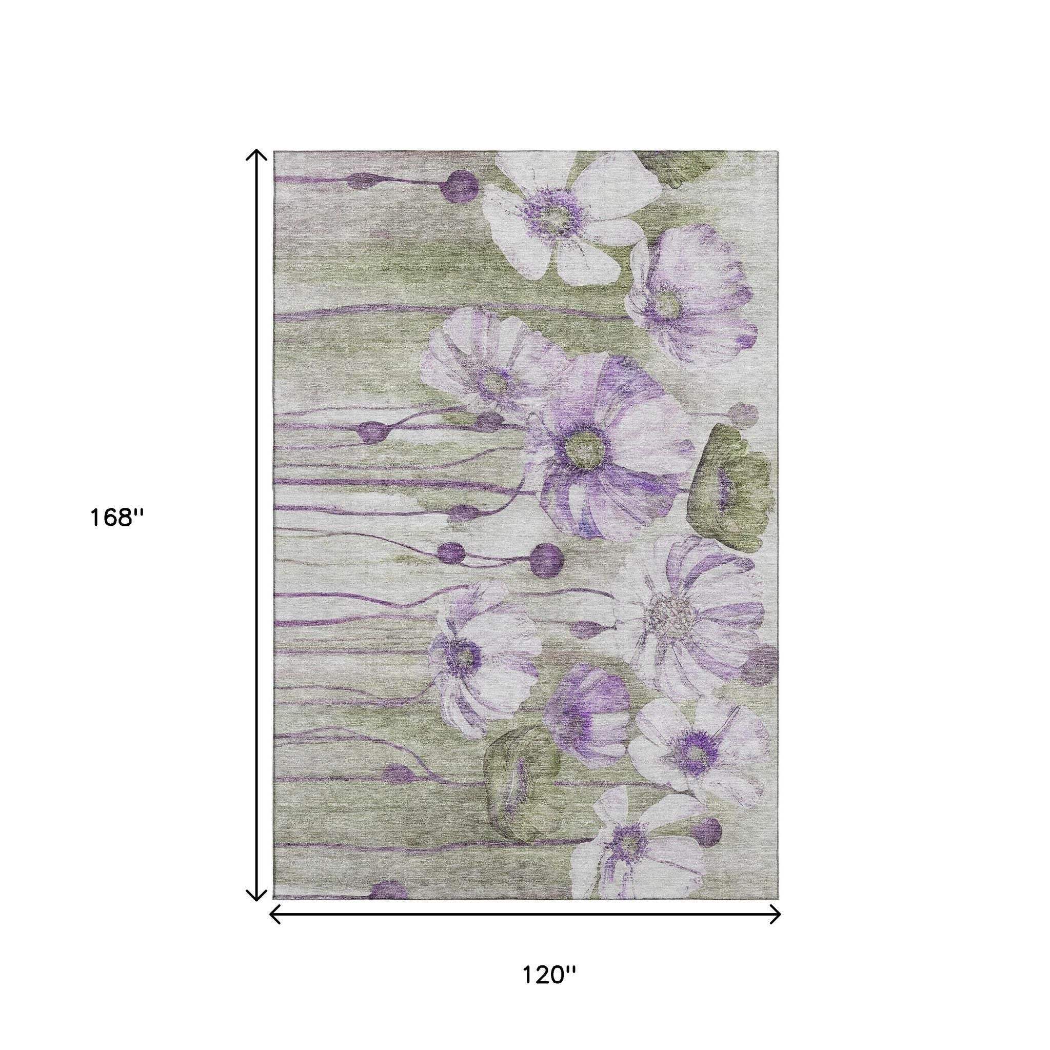10' X 14' Purple Green And Ivory Floral Washable Area Rug With UV Protection - HomeRoots - Flyclothing LLC