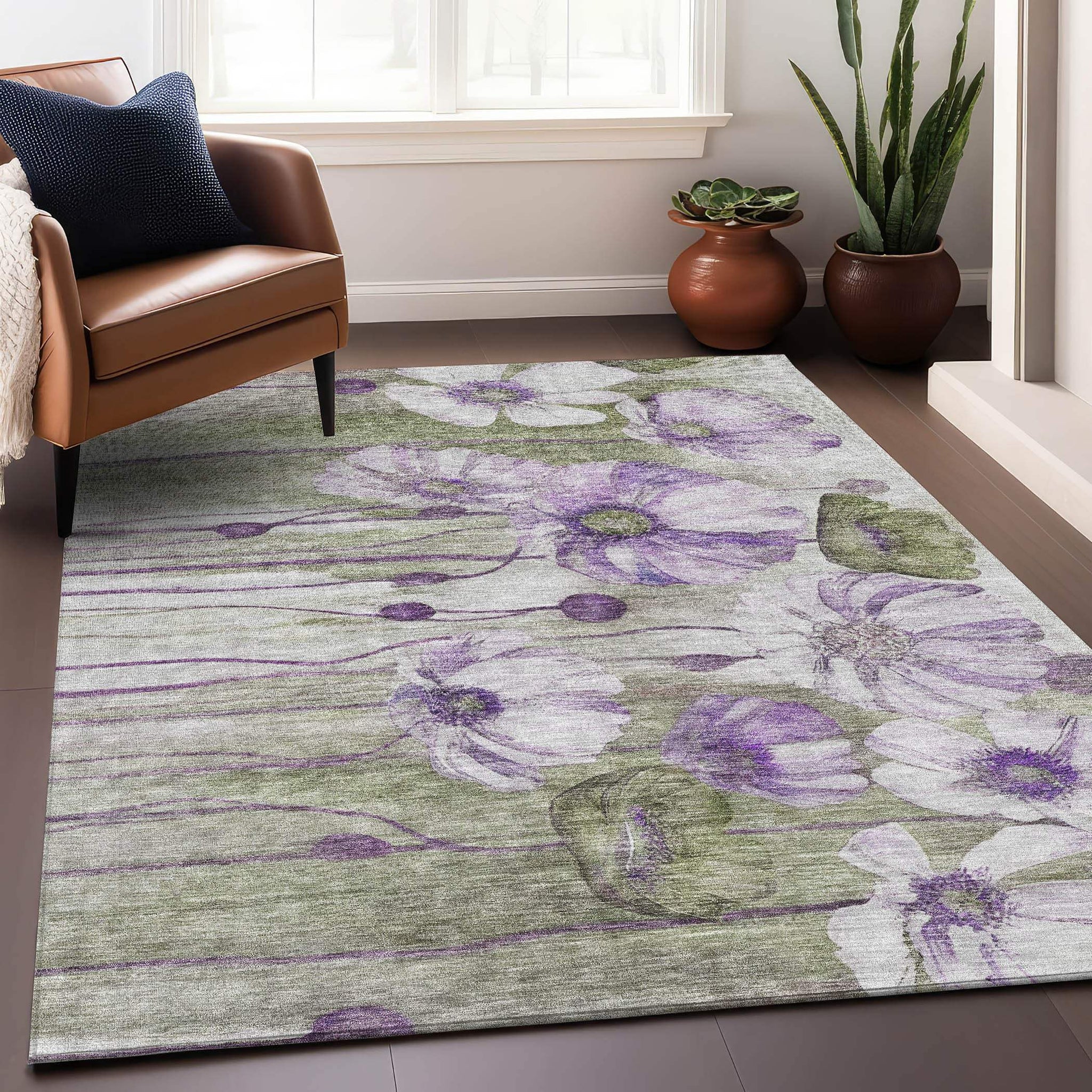 10' X 14' Purple Green And Ivory Floral Washable Area Rug With UV Protection - HomeRoots - Flyclothing LLC