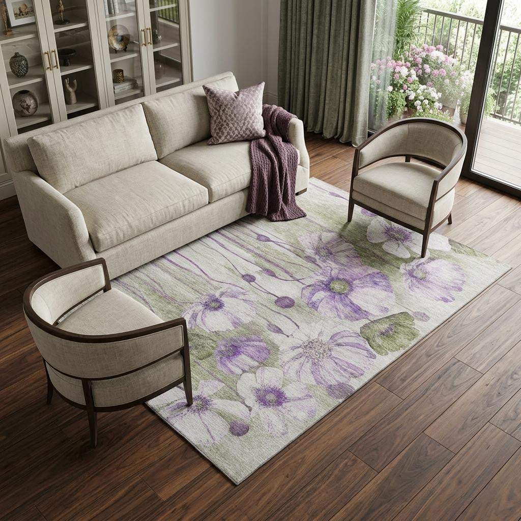10' X 14' Purple Green And Ivory Floral Washable Area Rug With UV Protection - HomeRoots - Flyclothing LLC