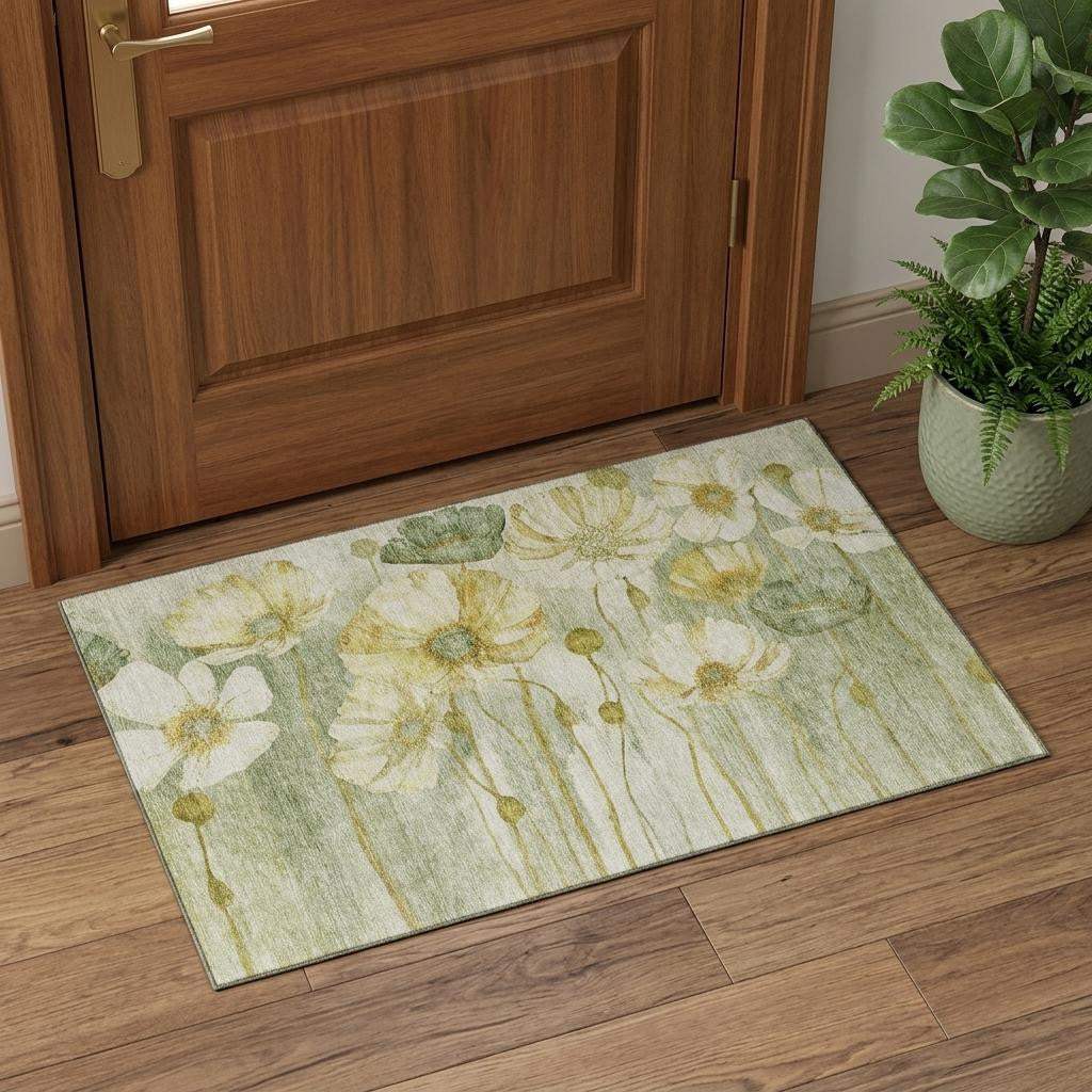 3' X 5' Sage Gold And Ivory Floral Washable Area Rug With UV Protection - HomeRoots - Flyclothing LLC