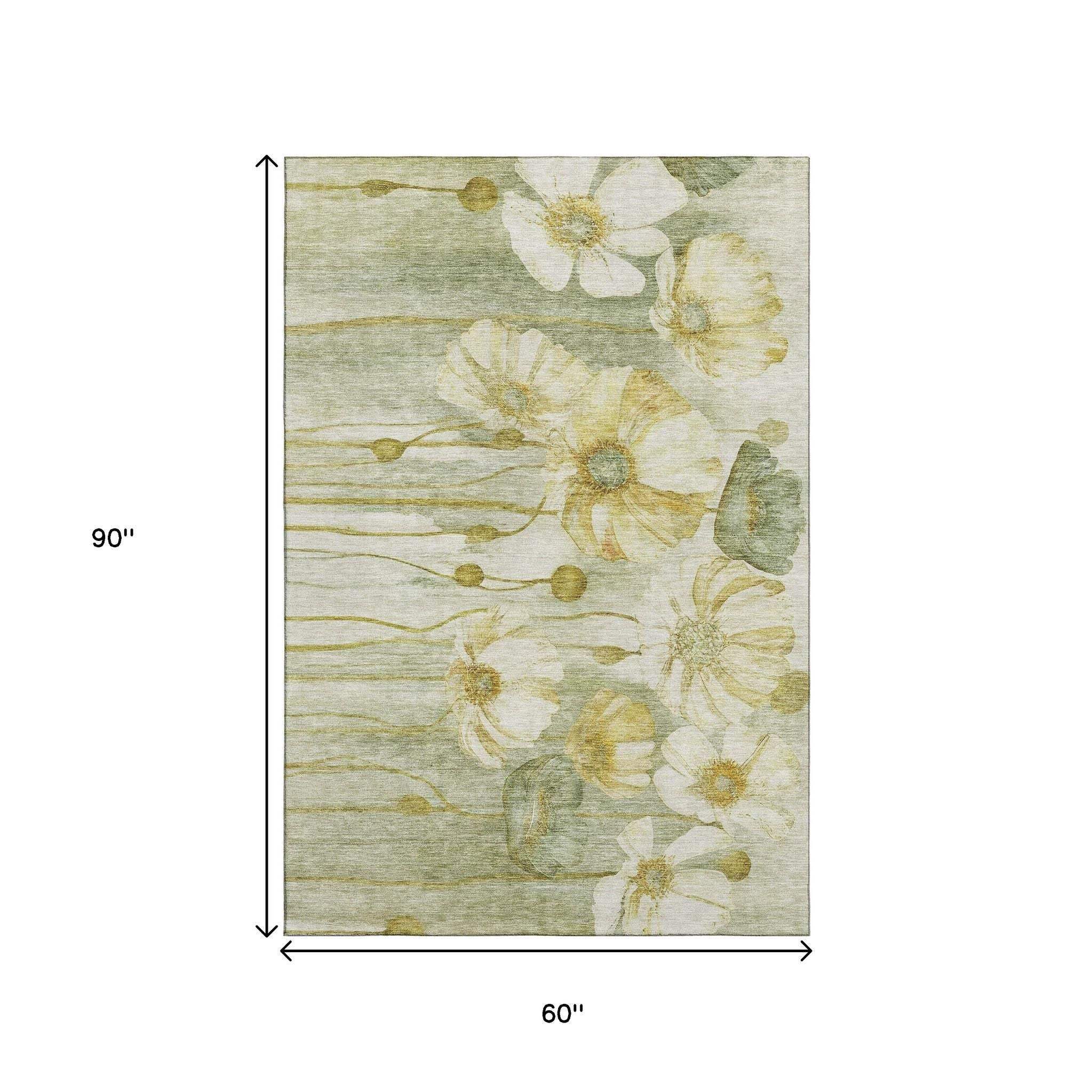 5' X 8' Sage Gold And Ivory Floral Washable Area Rug With UV Protection - HomeRoots - Flyclothing LLC