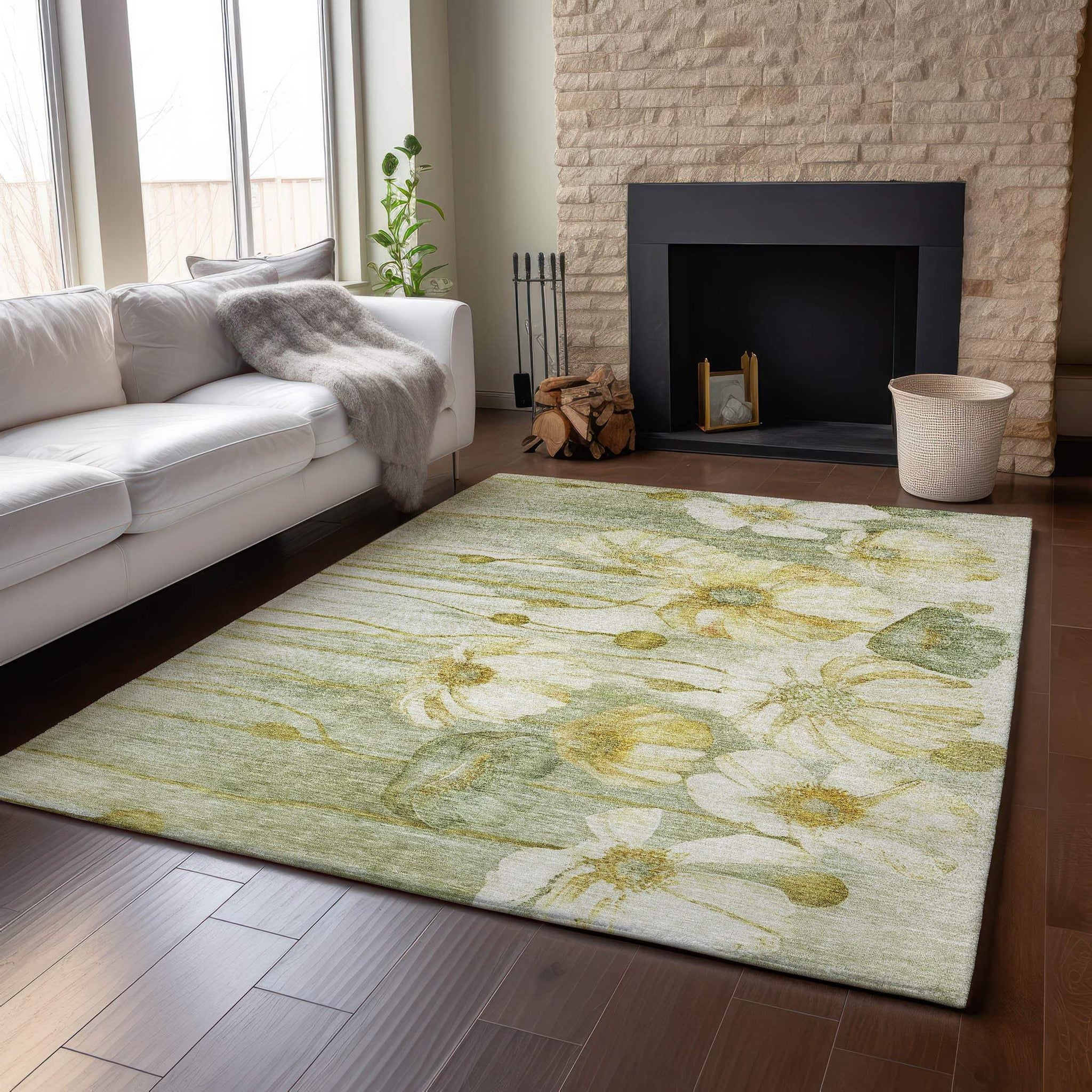 5' X 8' Sage Gold And Ivory Floral Washable Area Rug With UV Protection - HomeRoots - Flyclothing LLC