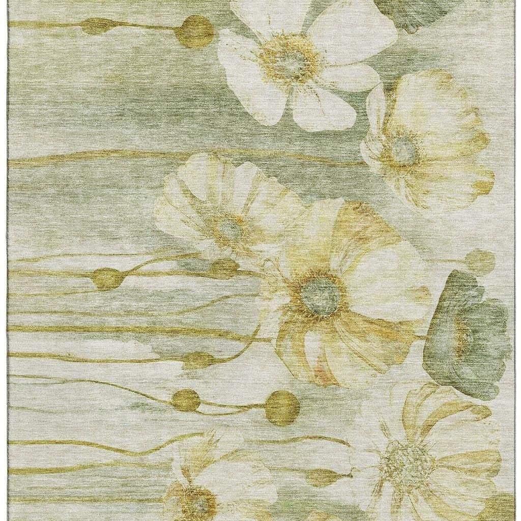 5' X 8' Sage Gold And Ivory Floral Washable Area Rug With UV Protection - HomeRoots - Flyclothing LLC