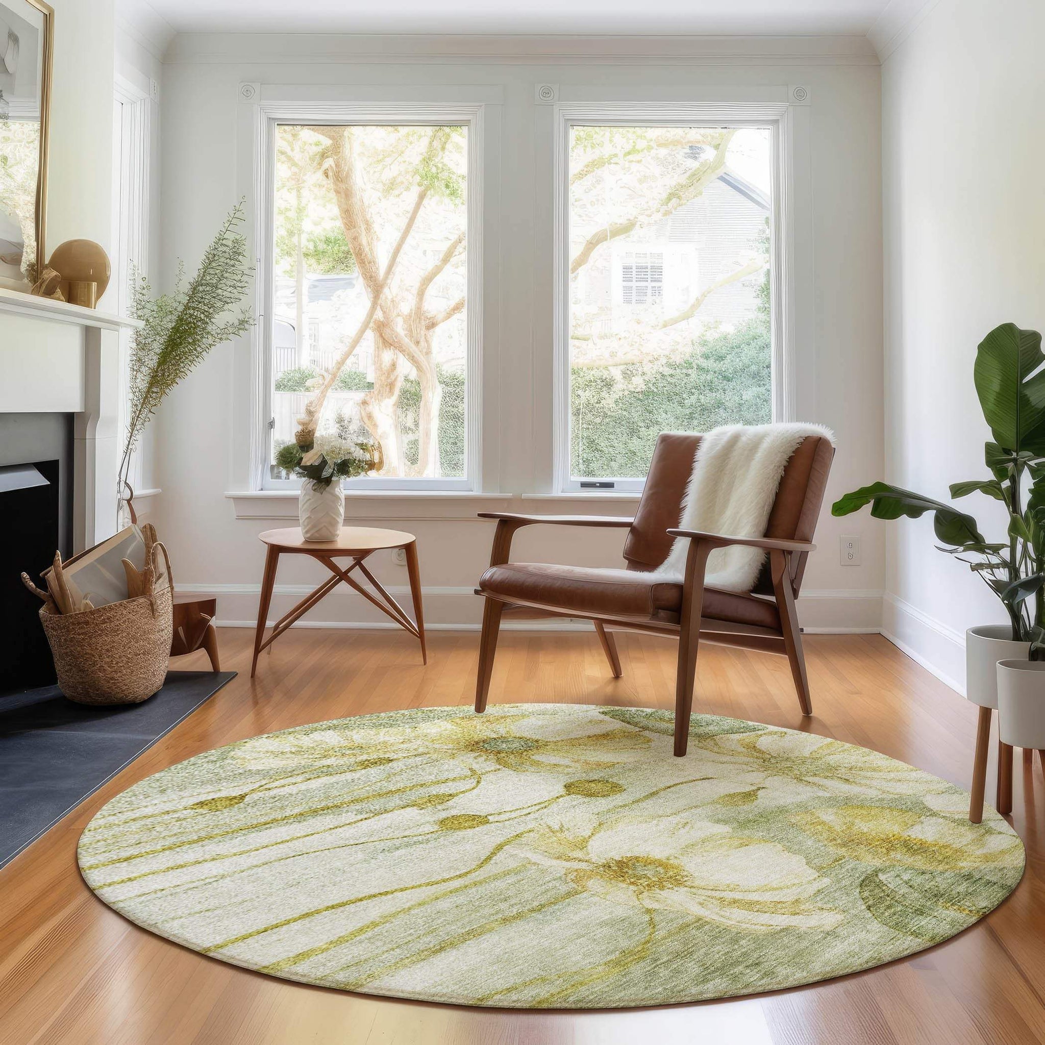 8' Sage Gold And Ivory Floral Washable Round Rug With UV Protection - HomeRoots - Flyclothing LLC