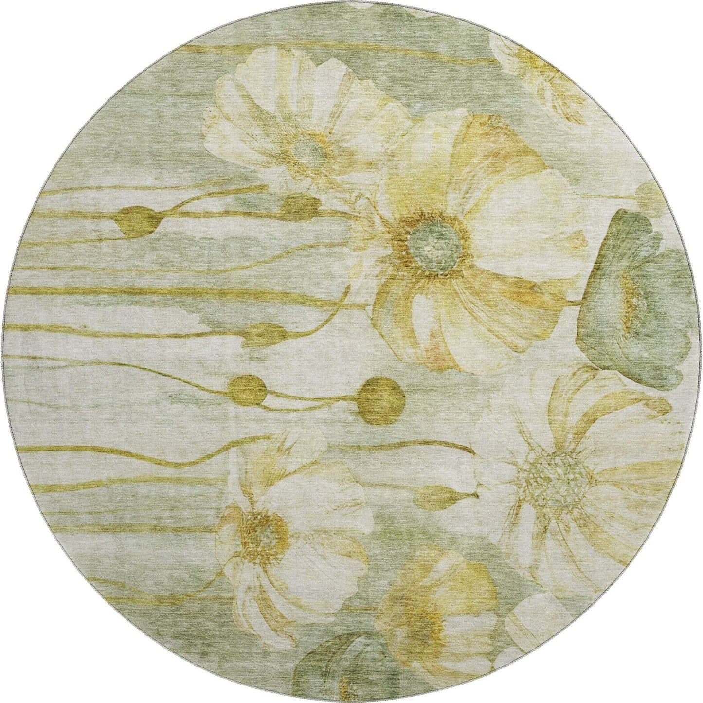 8' Sage Gold And Ivory Floral Washable Round Rug With UV Protection - HomeRoots - Flyclothing LLC