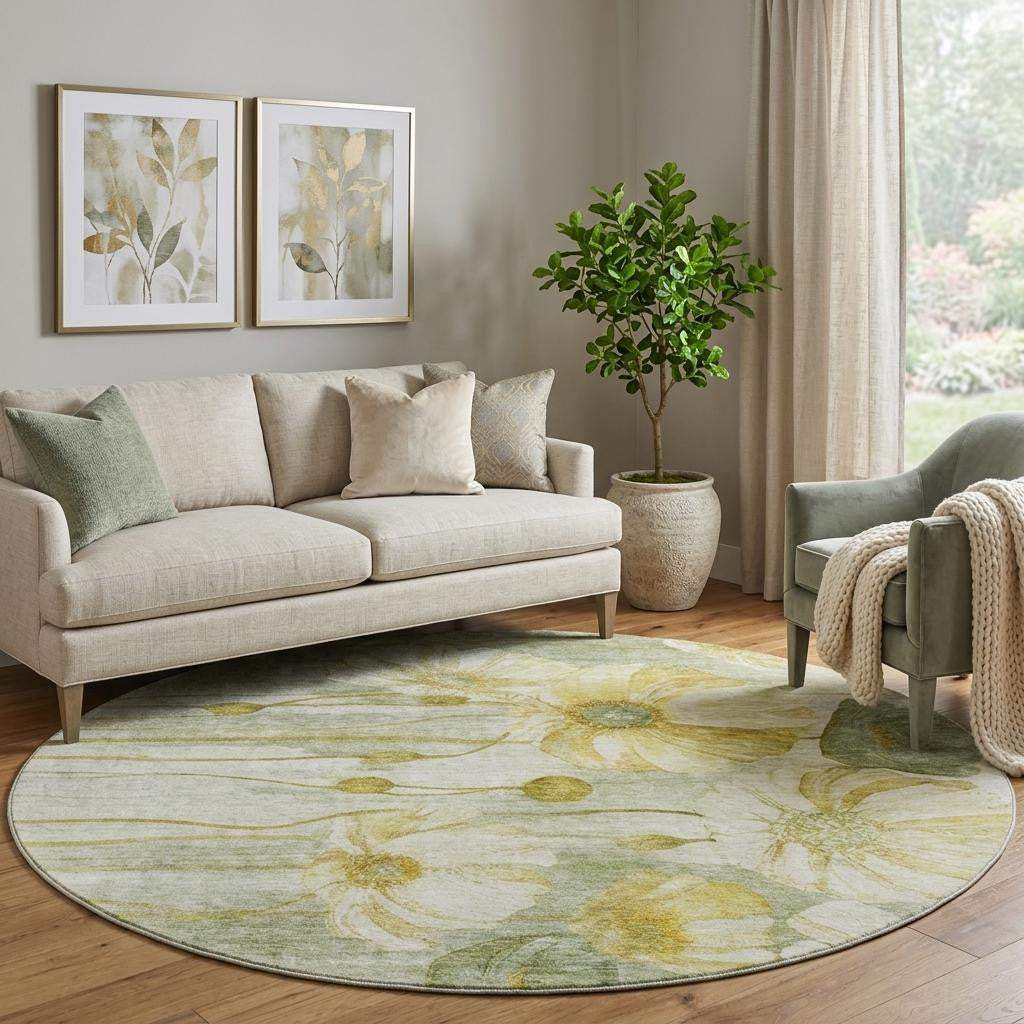 8' Sage Gold And Ivory Floral Washable Round Rug With UV Protection - HomeRoots - Flyclothing LLC