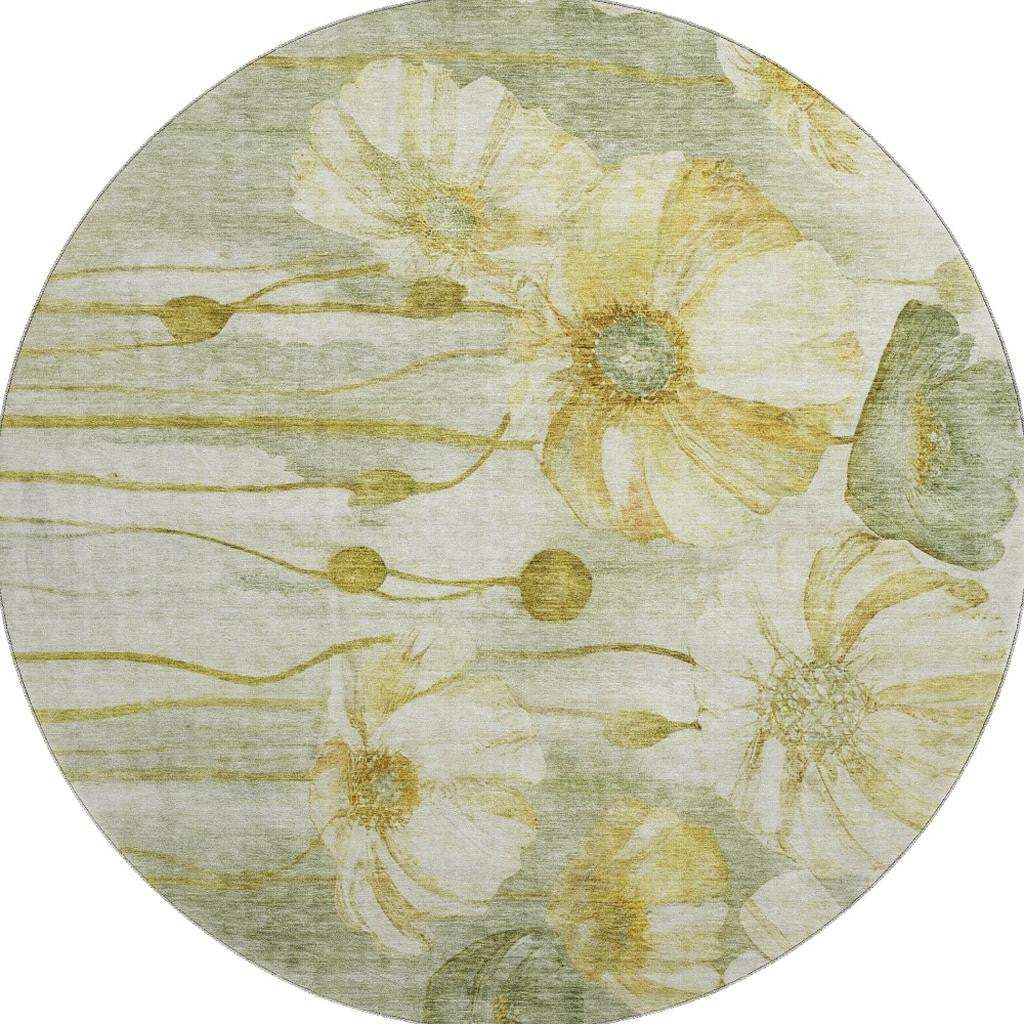 8' Sage Gold And Ivory Floral Washable Round Rug With UV Protection - HomeRoots - Flyclothing LLC