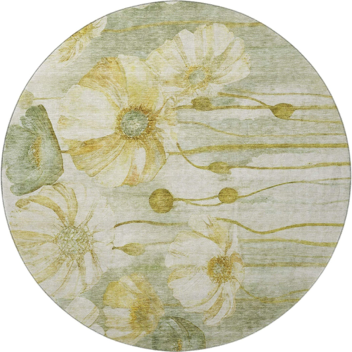 8' Sage Gold And Ivory Floral Washable Round Rug With UV Protection - HomeRoots - Flyclothing LLC