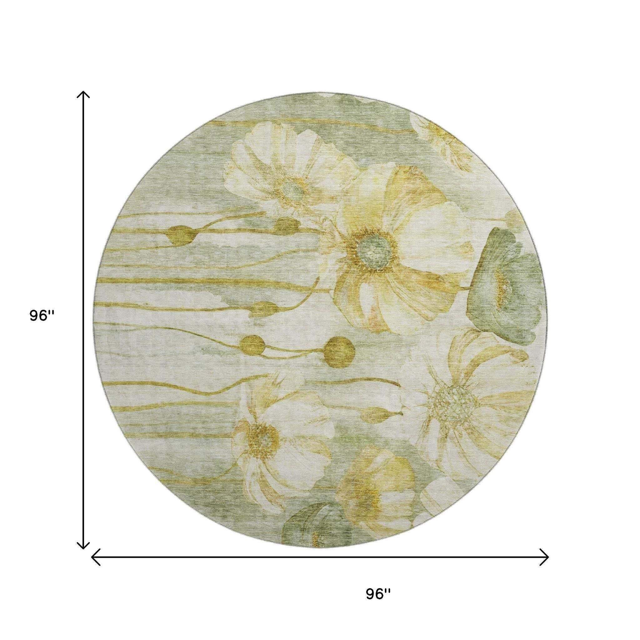 8' Sage Gold And Ivory Floral Washable Round Rug With UV Protection - HomeRoots - Flyclothing LLC