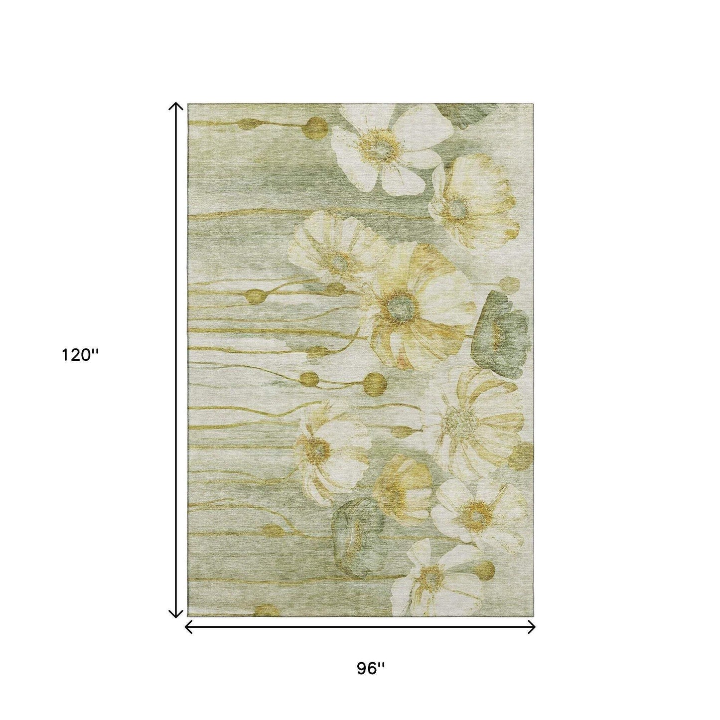 8' X 10' Sage Gold And Ivory Floral Washable Area Rug With UV Protection - HomeRoots - Flyclothing LLC