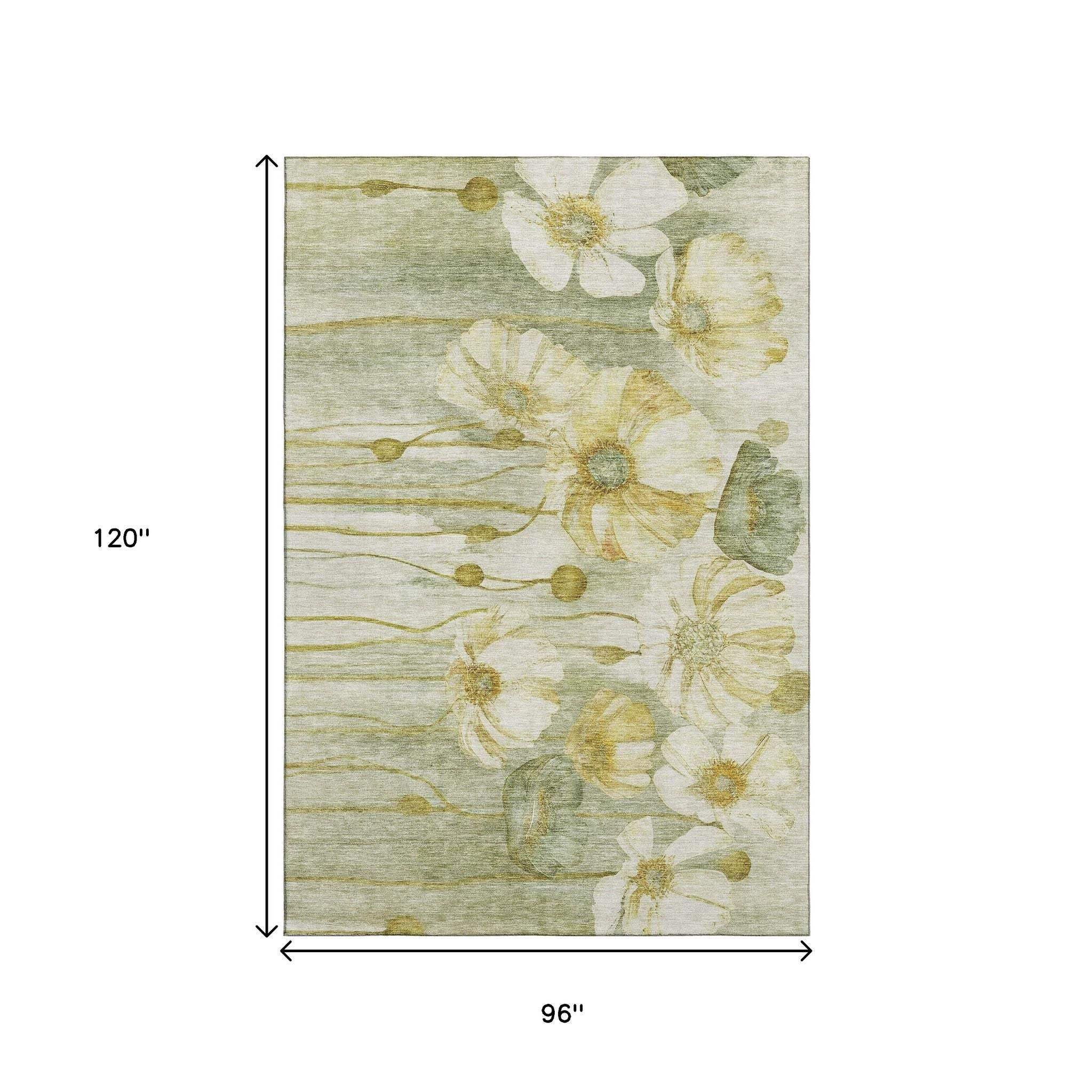 8' X 10' Sage Gold And Ivory Floral Washable Area Rug With UV Protection - HomeRoots - Flyclothing LLC