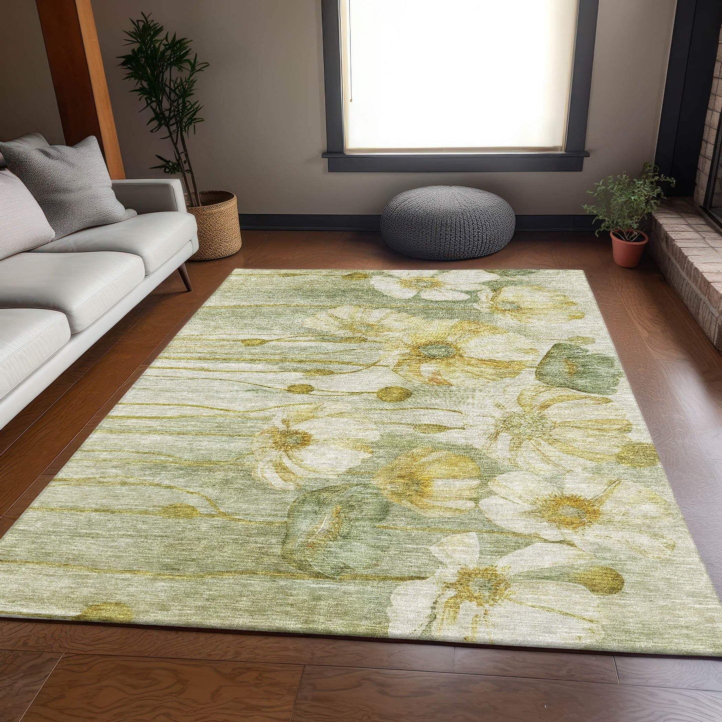 8' X 10' Sage Gold And Ivory Floral Washable Area Rug With UV Protection - HomeRoots - Flyclothing LLC