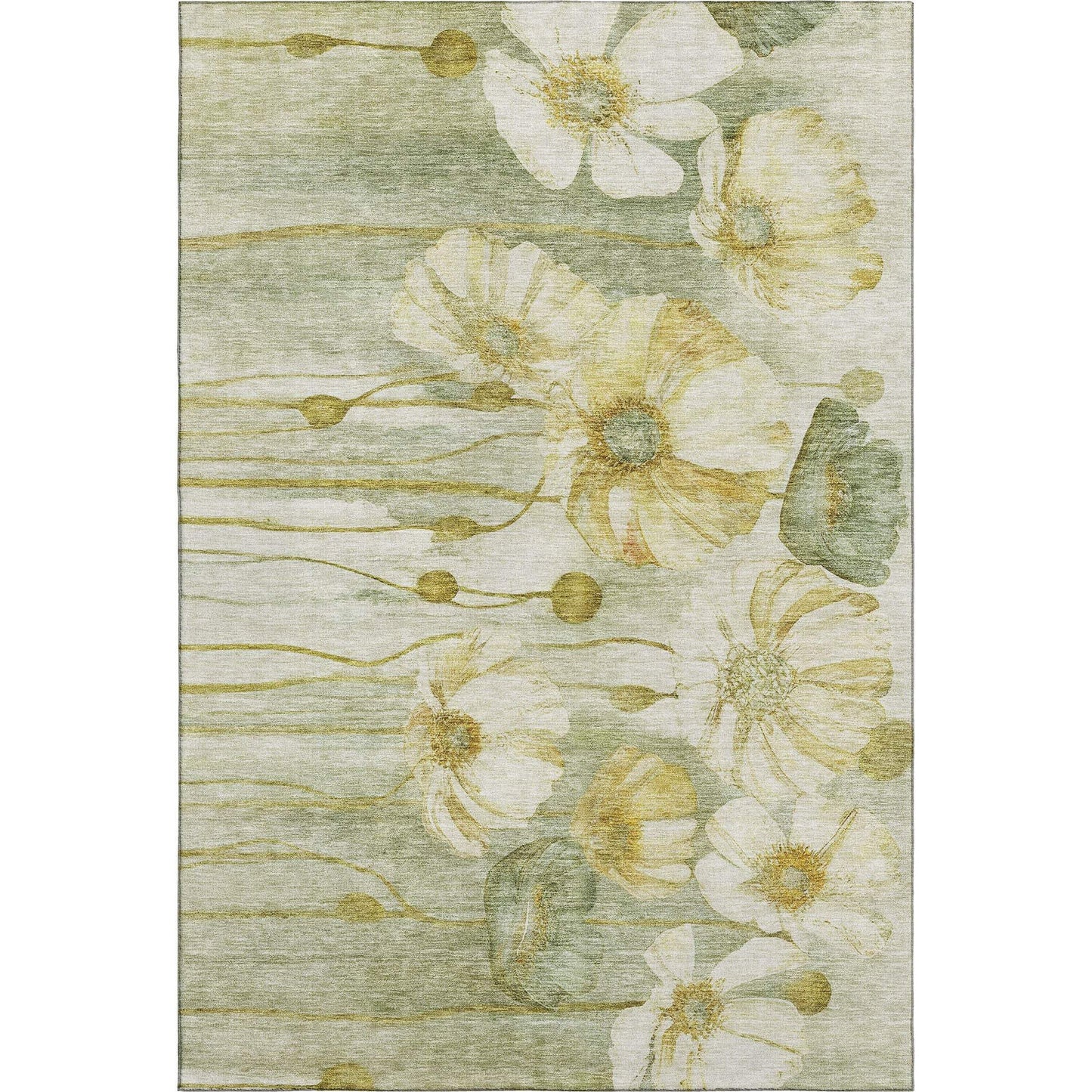 8' X 10' Sage Gold And Ivory Floral Washable Area Rug With UV Protection - HomeRoots - Flyclothing LLC