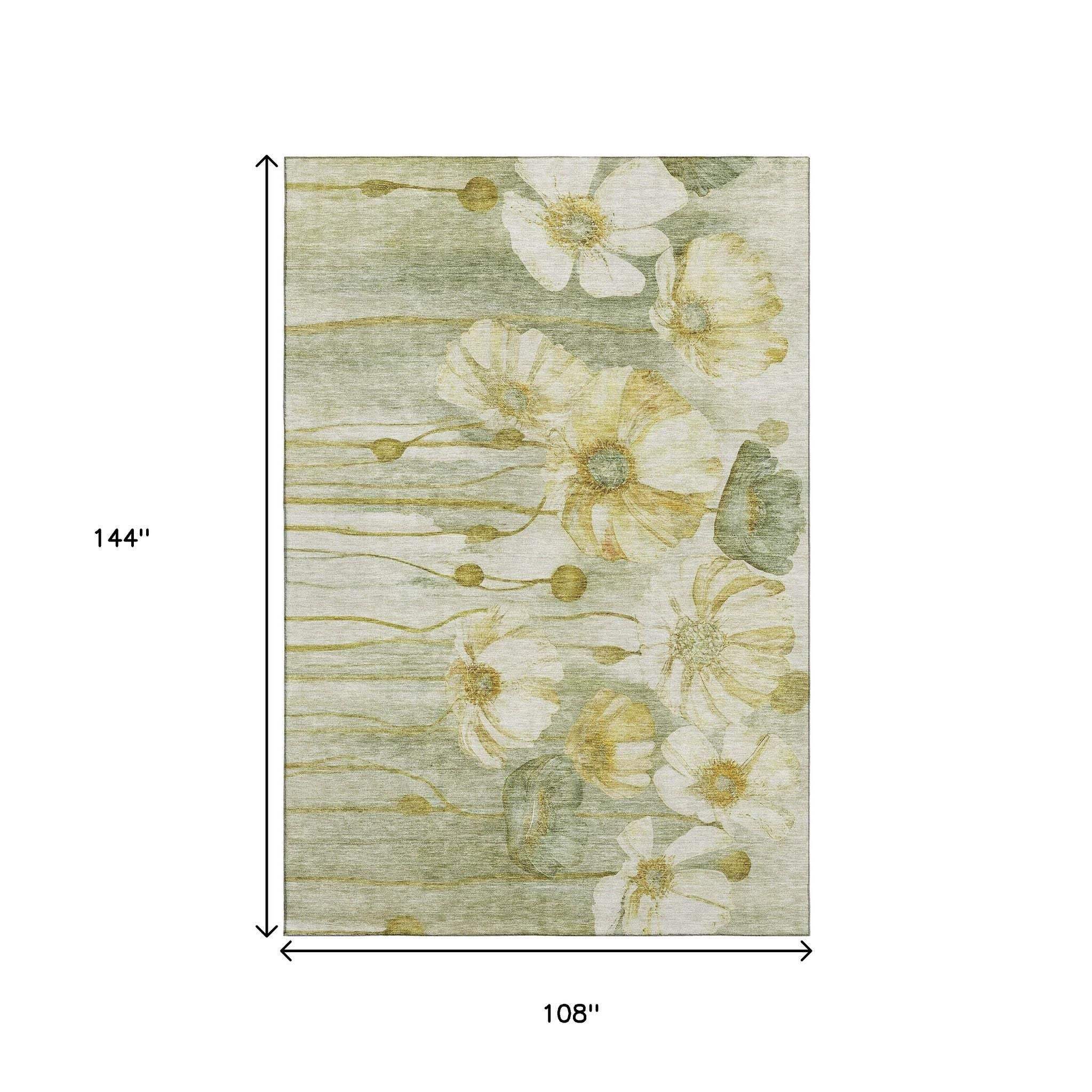 9' X 12' Sage Gold And Ivory Floral Washable Area Rug With UV Protection - HomeRoots - Flyclothing LLC