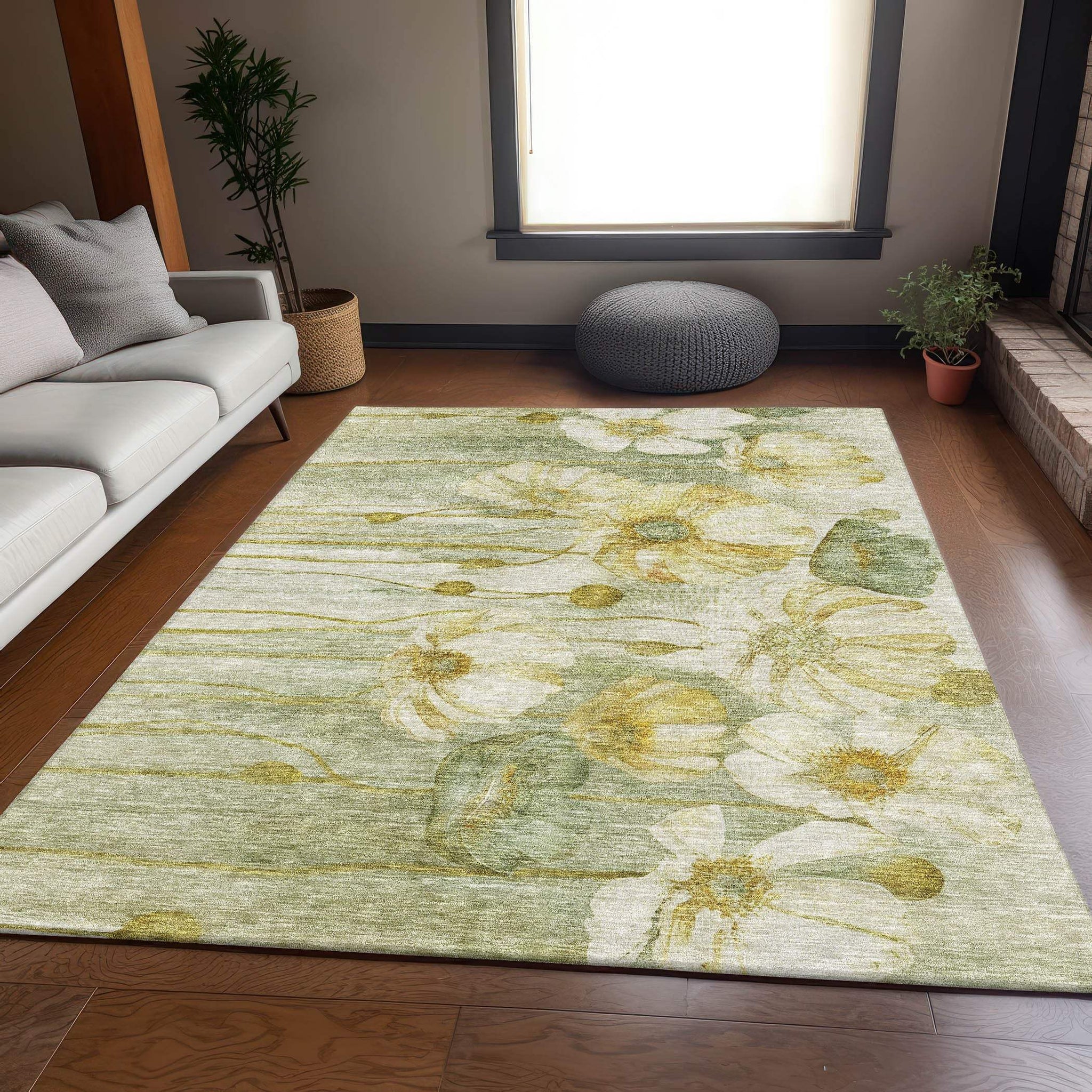 10' X 14' Sage Gold And Ivory Floral Washable Area Rug With UV Protection - HomeRoots - Flyclothing LLC