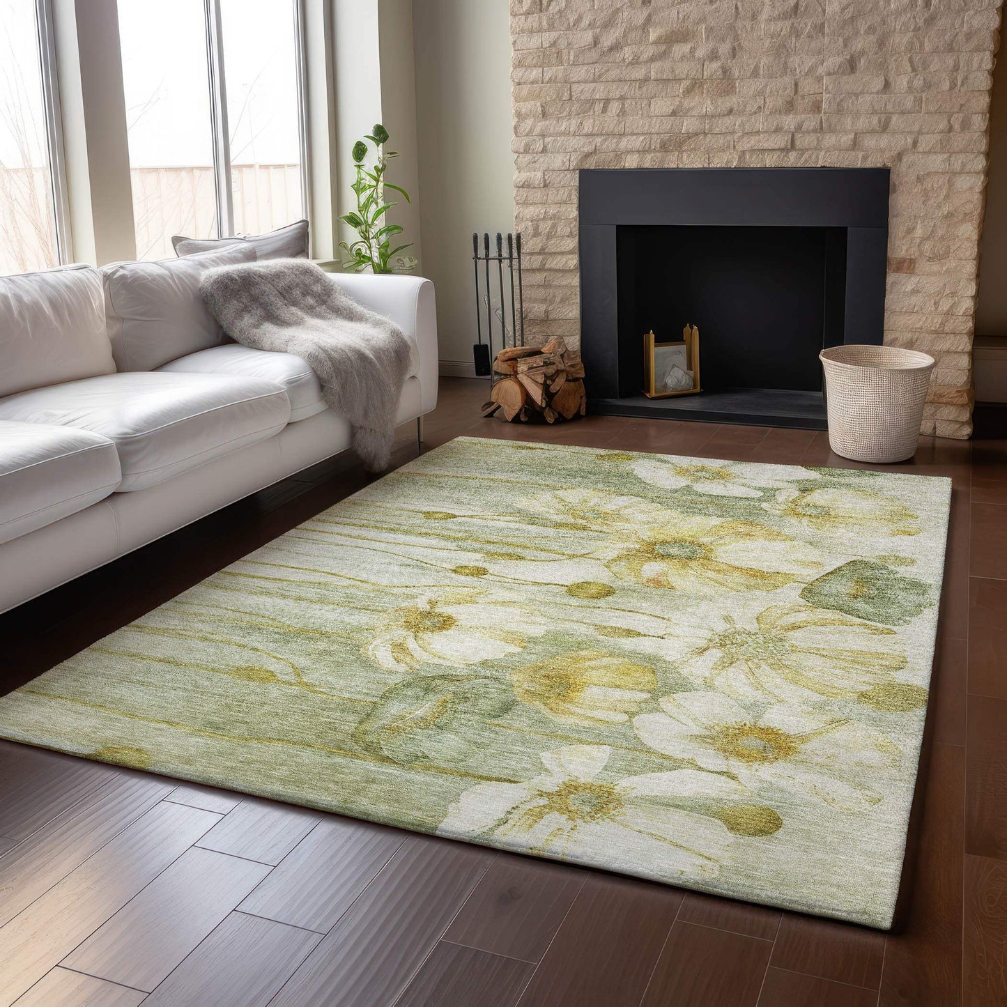 10' X 14' Sage Gold And Ivory Floral Washable Area Rug With UV Protection - HomeRoots - Flyclothing LLC